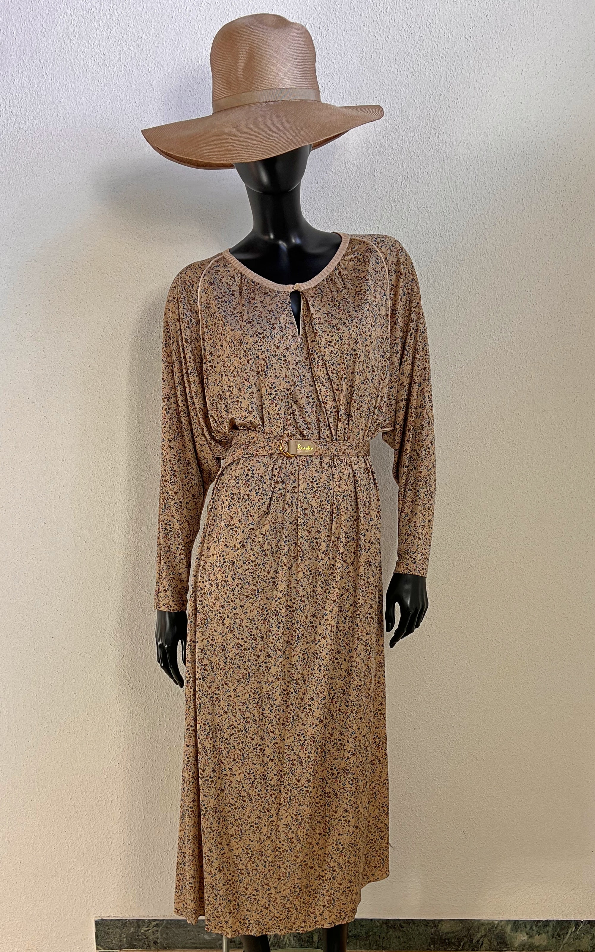 Vintage 70s Ranotto Silk Jersey Flower Dress with Drapped Batwing Slee