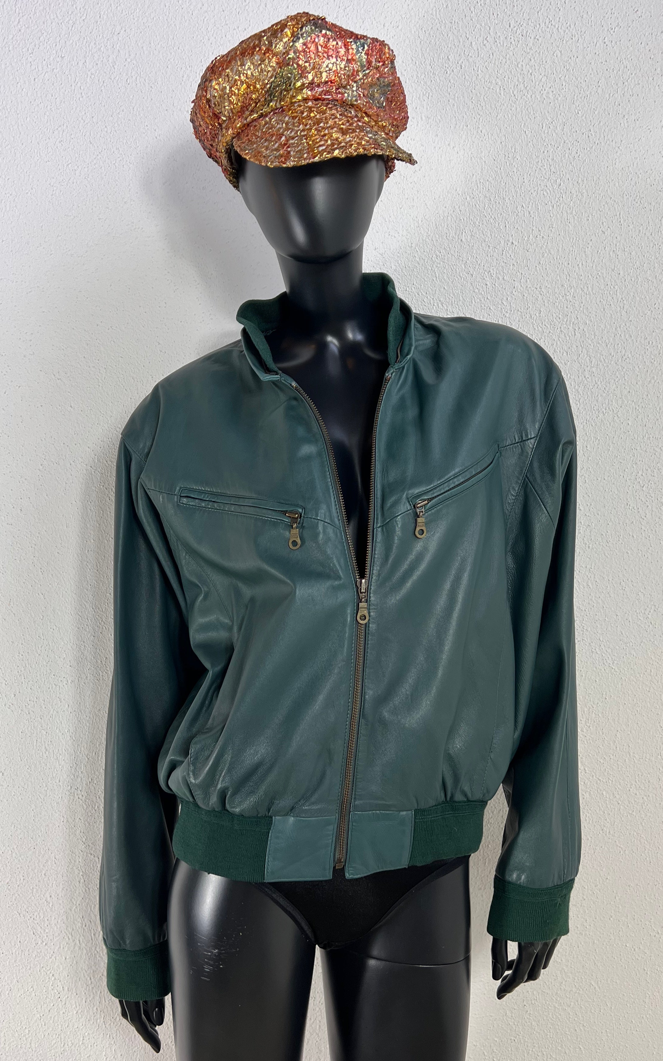 Vintage 90s Teal Bomber Leather Jacket