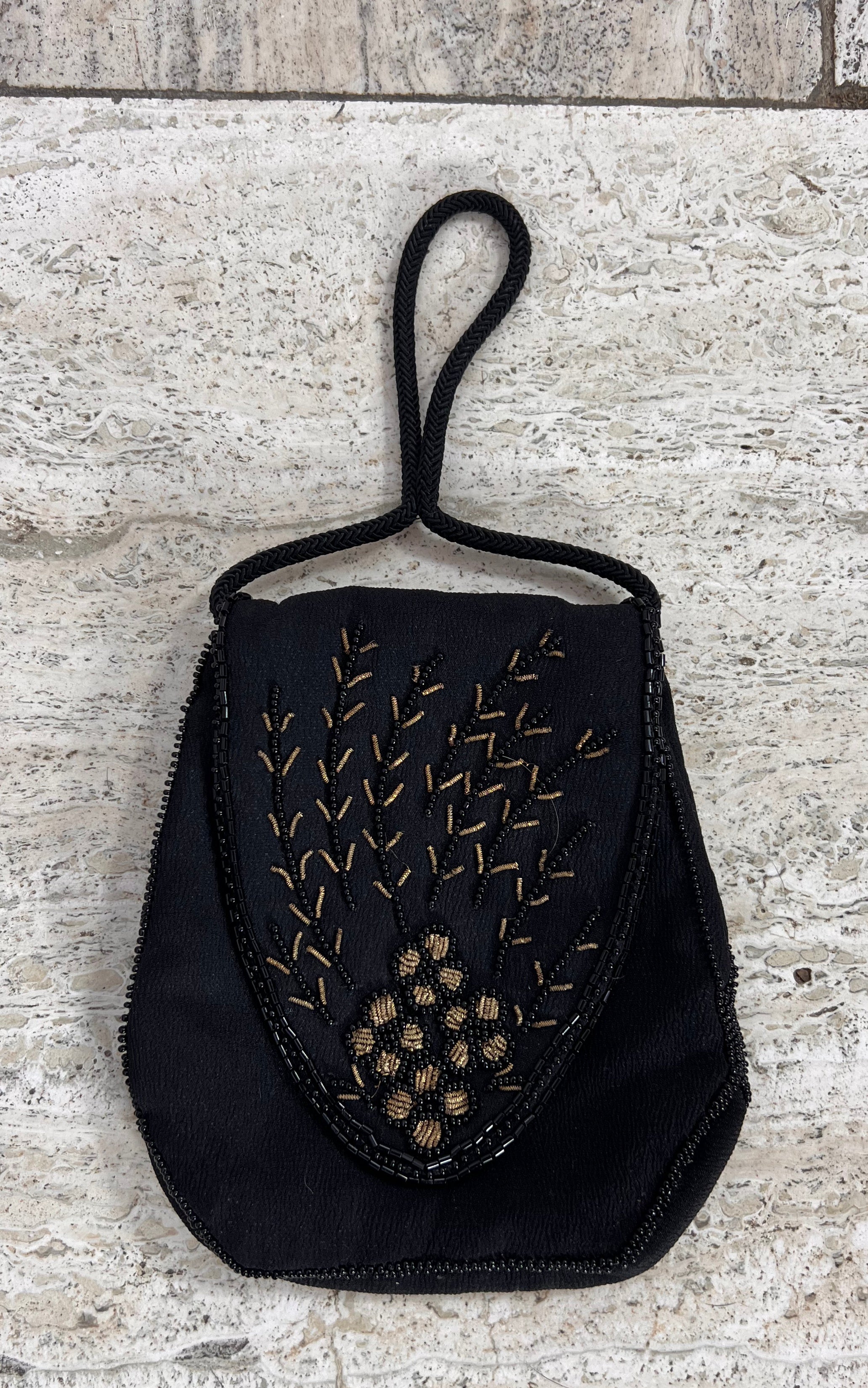 Vintage Beaded Silk Evening Bag - Black Gold Floral