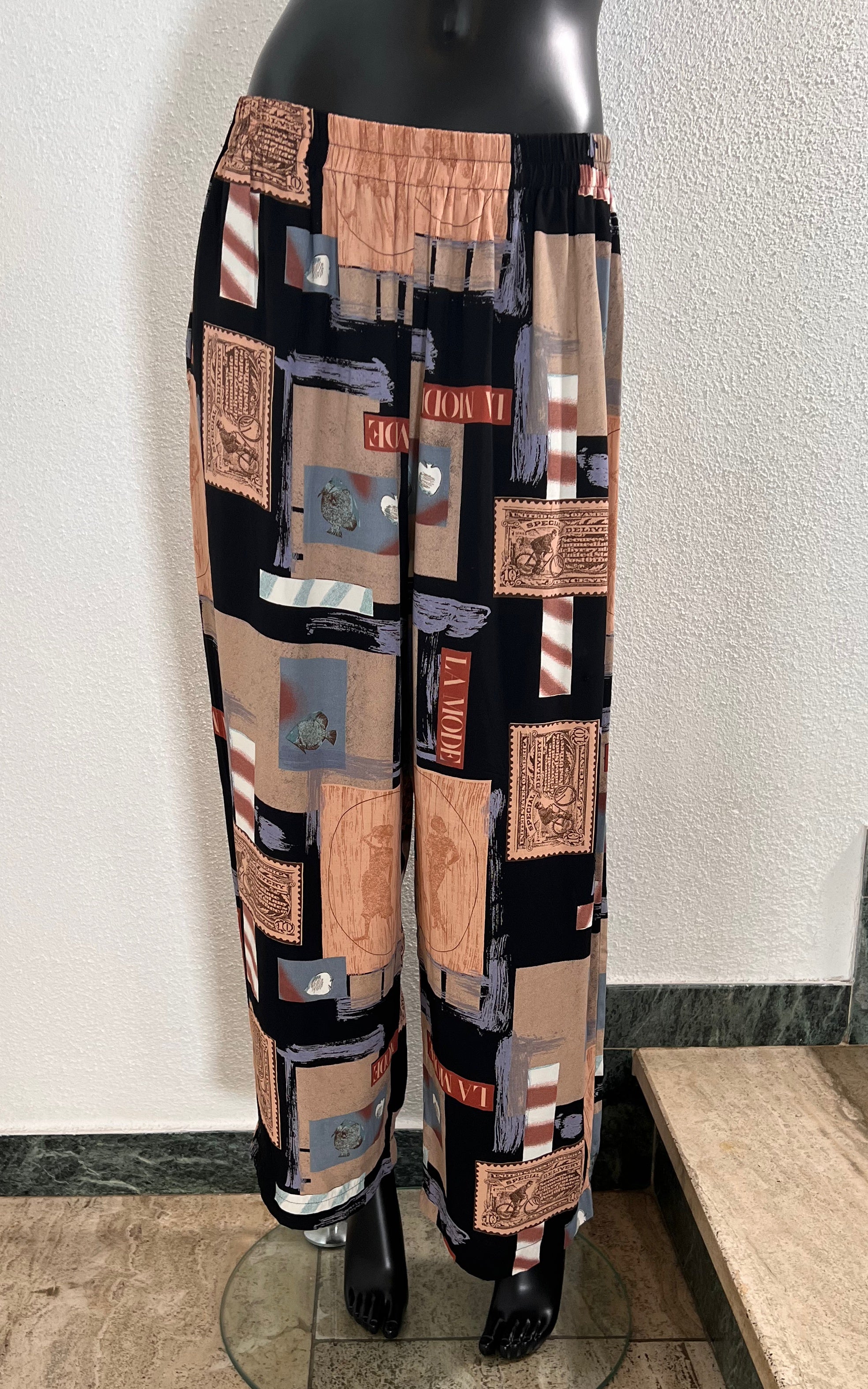 Pantaloni vintage in viscosa con stampa artistica anni '90