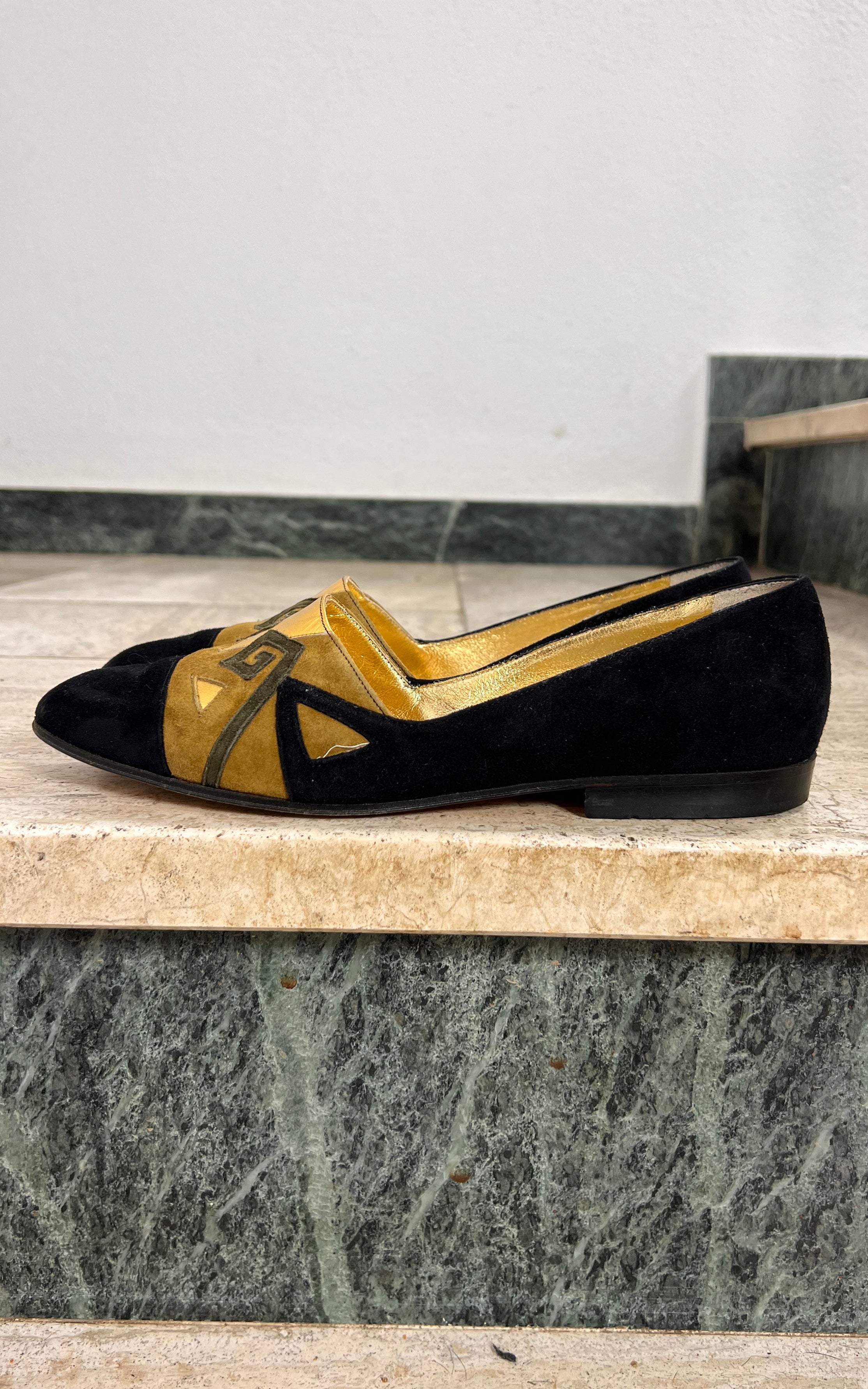 Vintage Suede Loafers with Geometric Appliqué 38