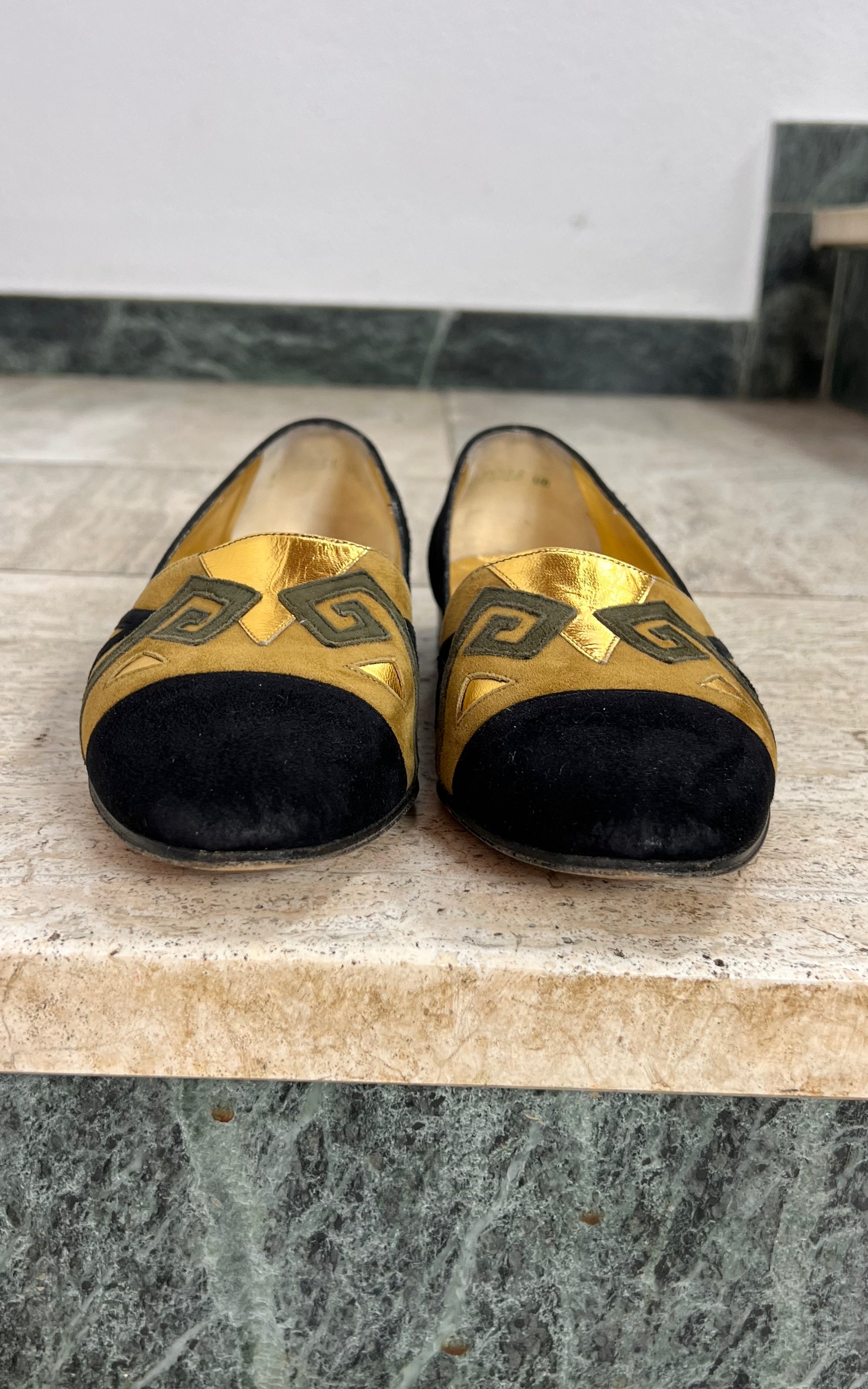 Vintage Suede Loafers with Geometric Appliqué 38
