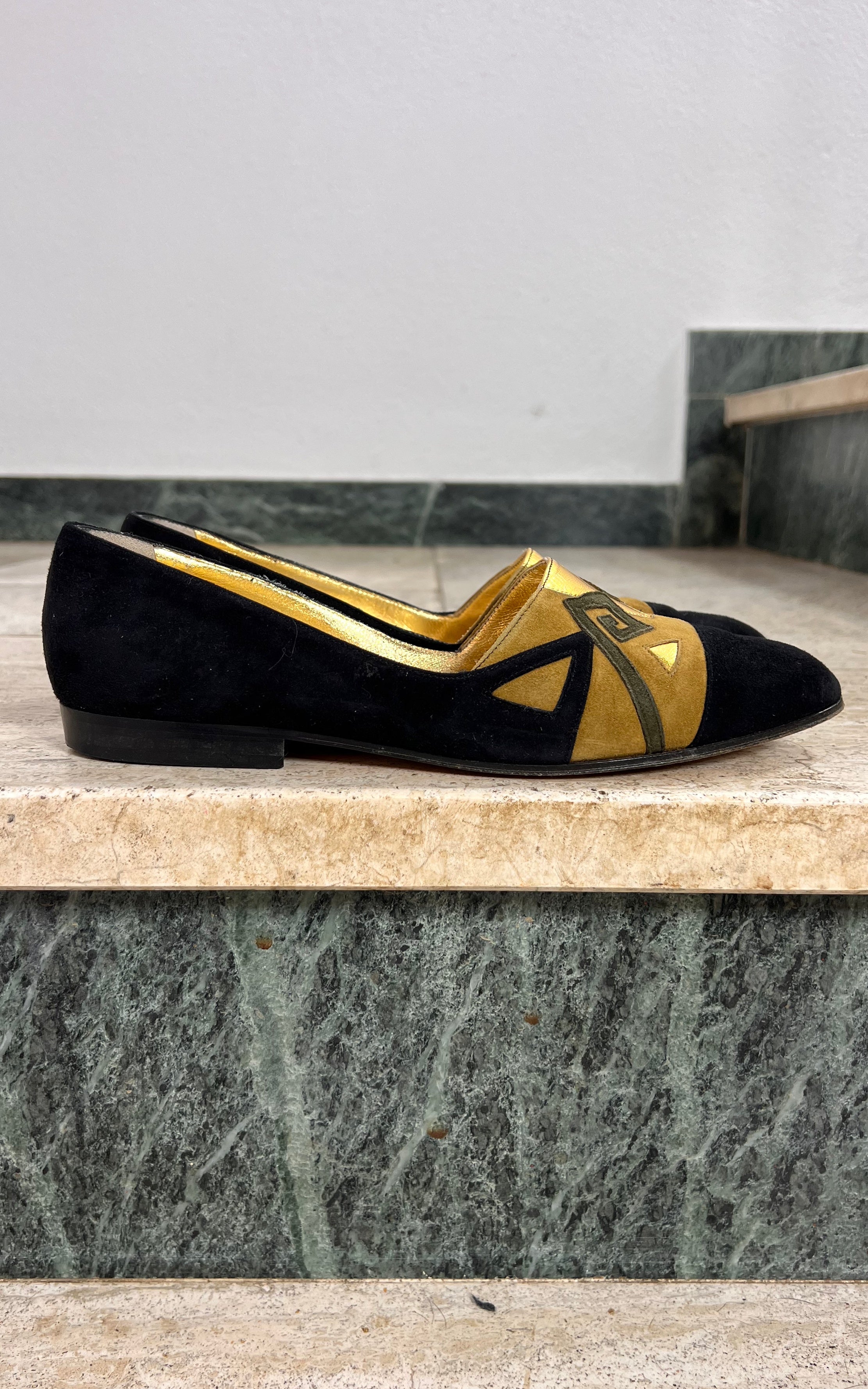 Vintage Suede Loafers with Geometric Appliqué 38
