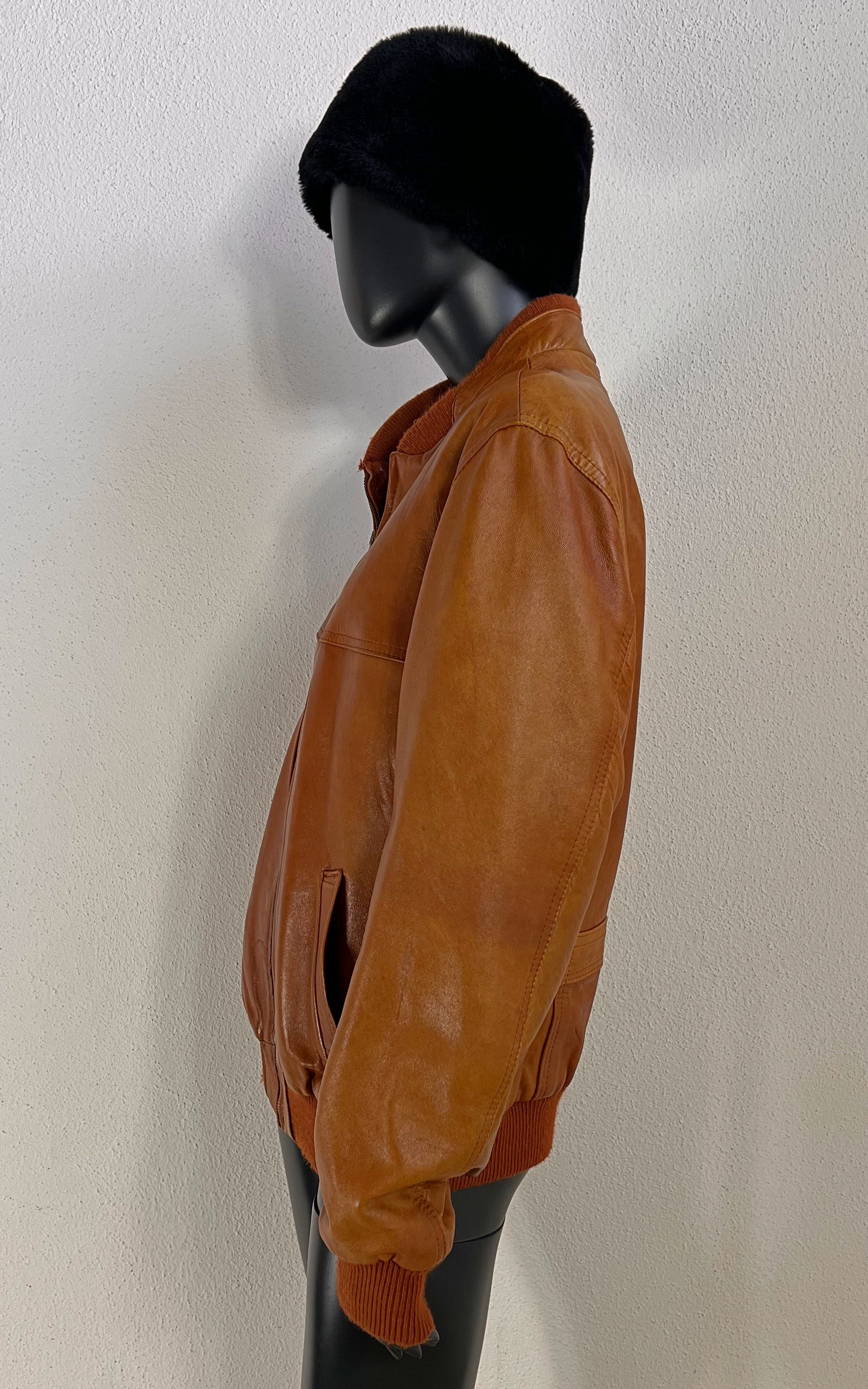 Vintage Cognac Leather Bomber Jacket