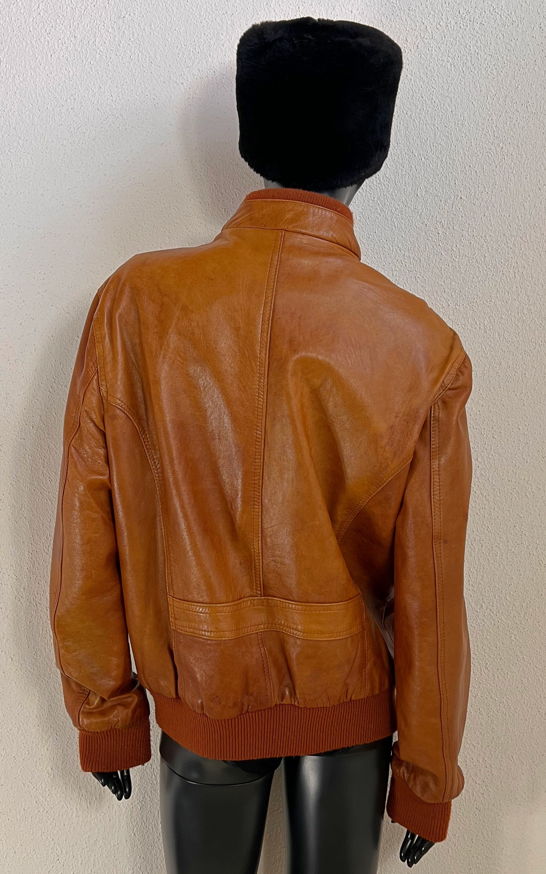 Vintage Cognac Leather Bomber Jacket