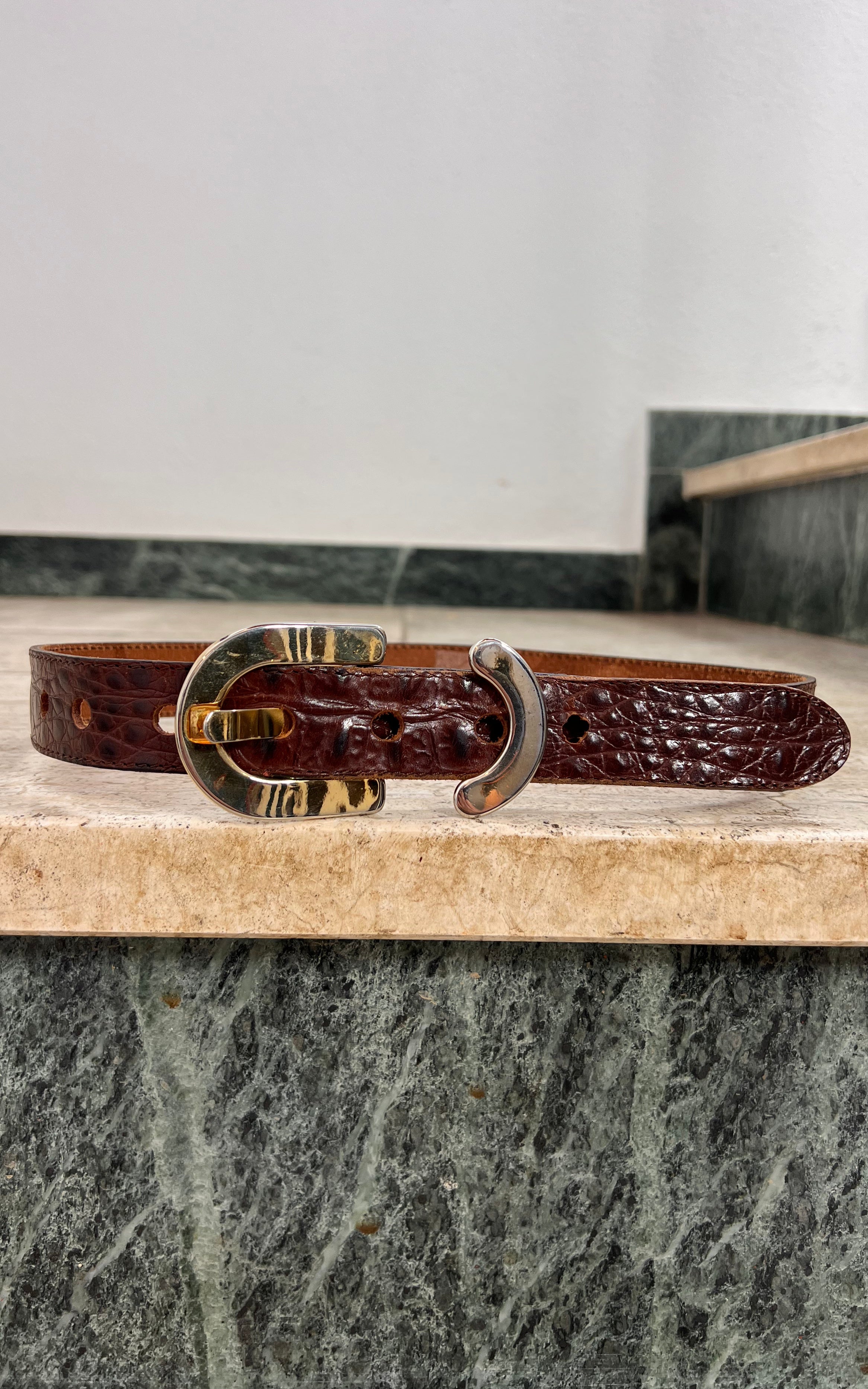 Vintage 70s Brown Crocodile-Embossed Leather Belt