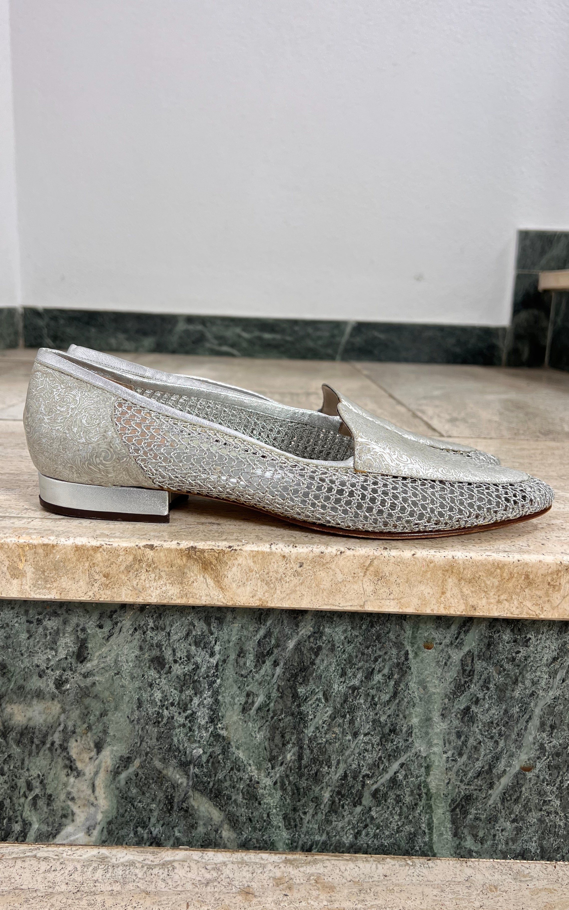 Vintage Brunella Silver Brocade and Mesh Loafers 40