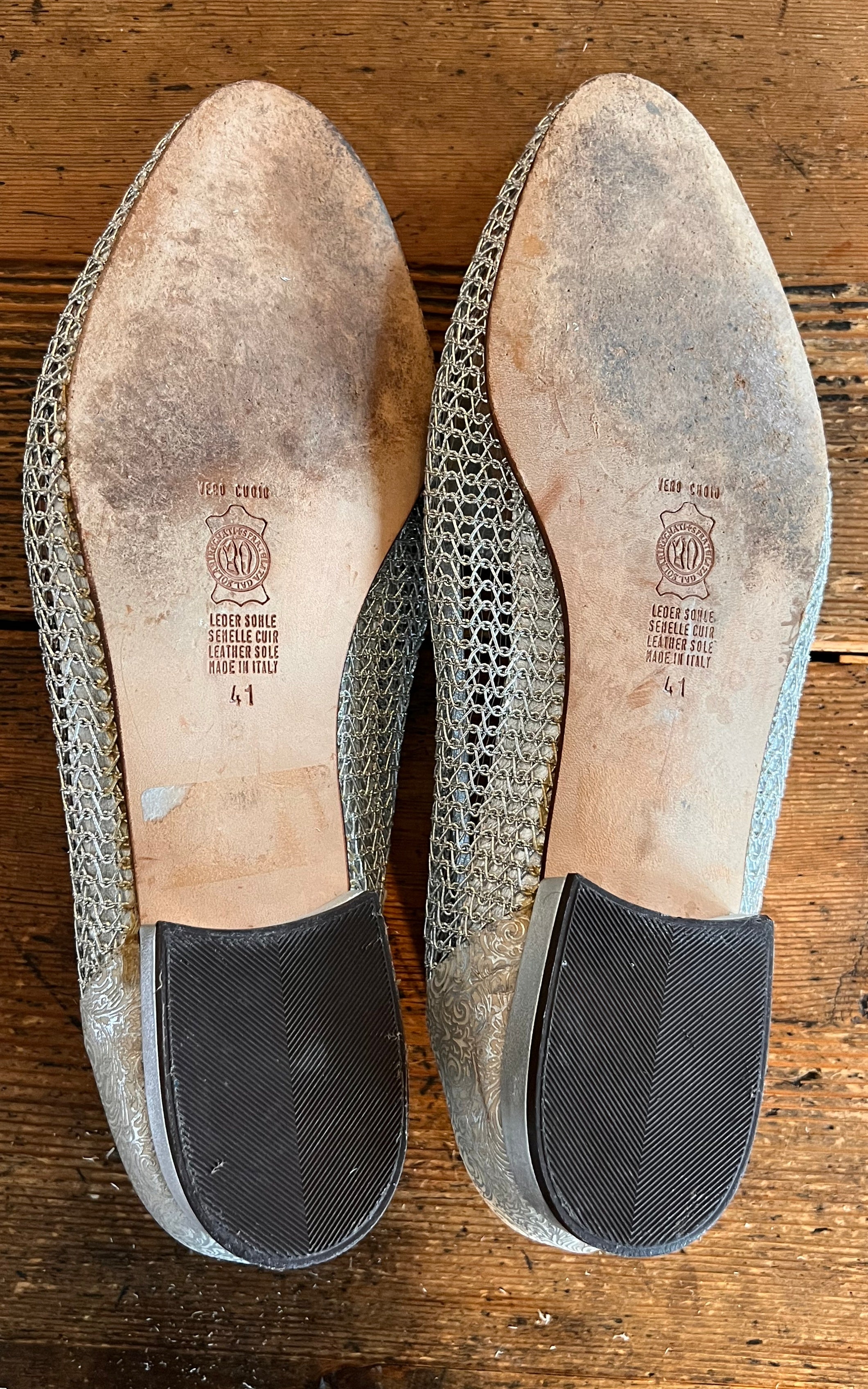 Vintage Brunella Silver Brocade and Mesh Loafers 40