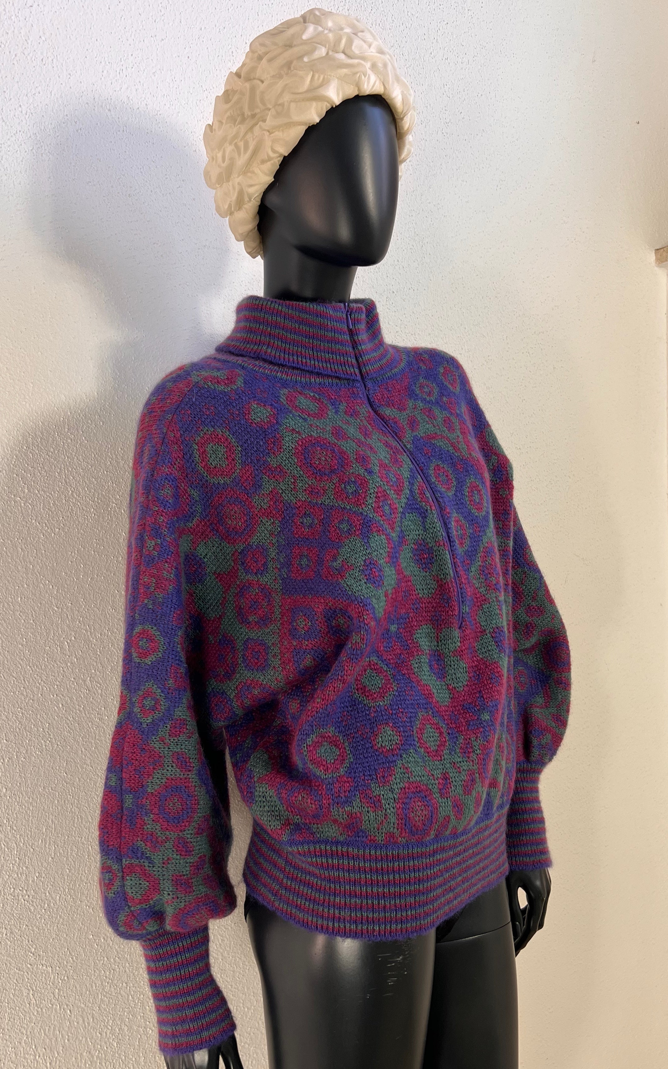 Vintage 1980s Floral Jacquard Half-Zip Sweater