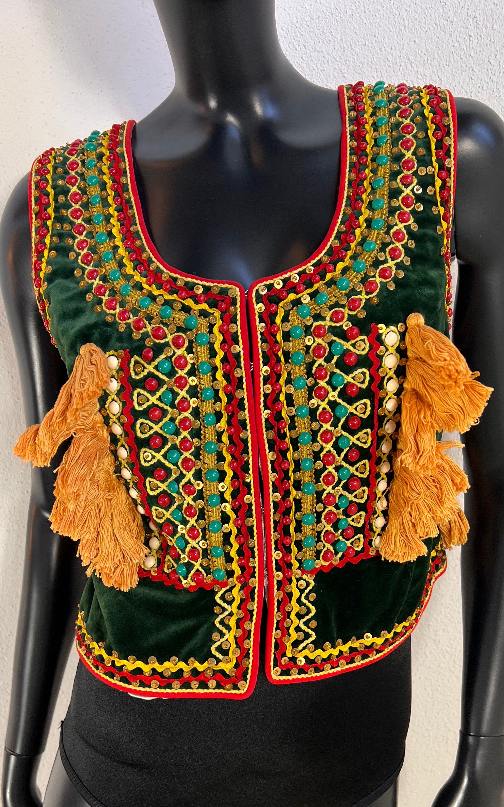 Vintage Embellished Green Velvet Polish Folk Vest with Beads and Tassels