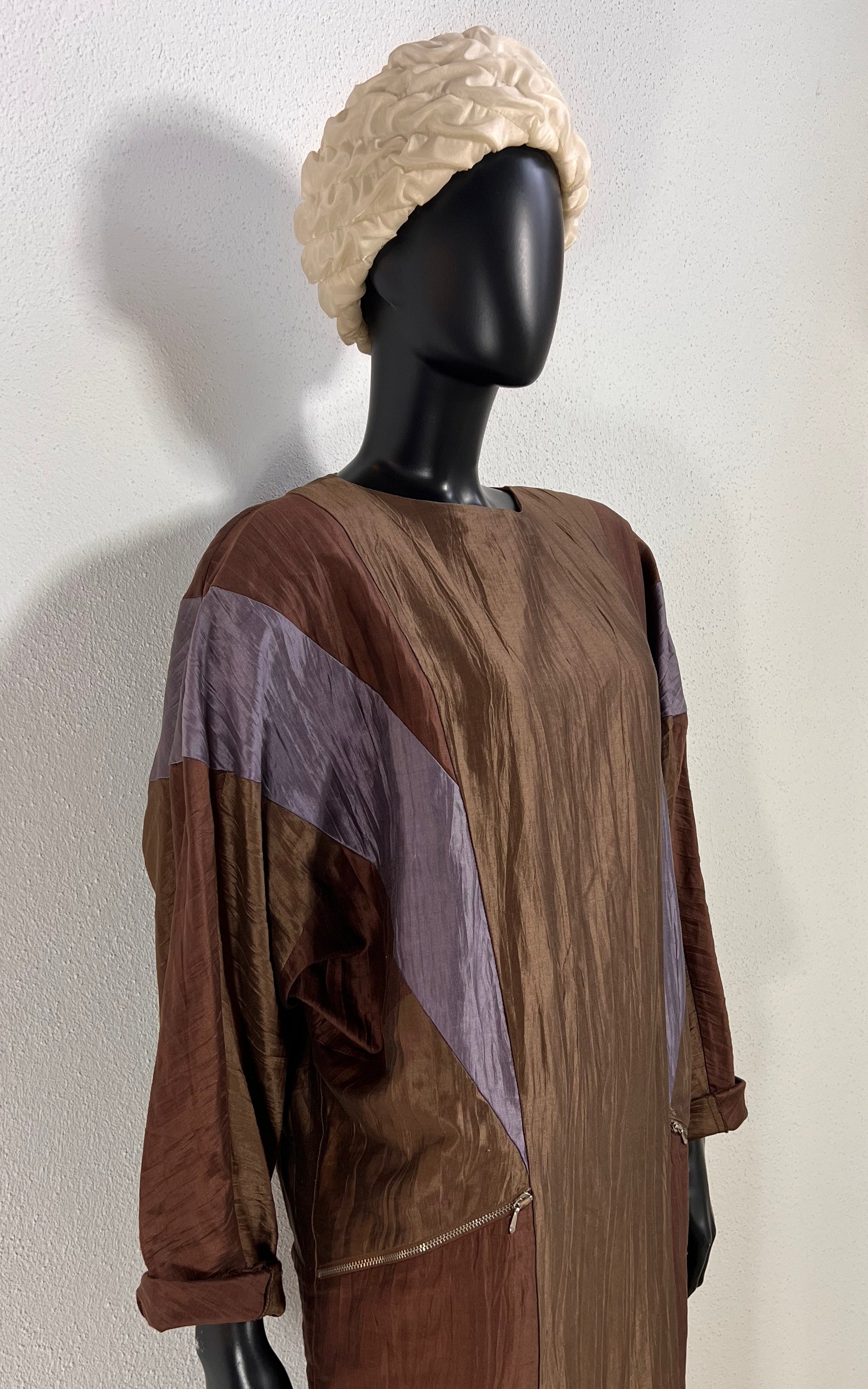 Vintage Moncara 100% Silk Brown Colour-Block Midi Dress