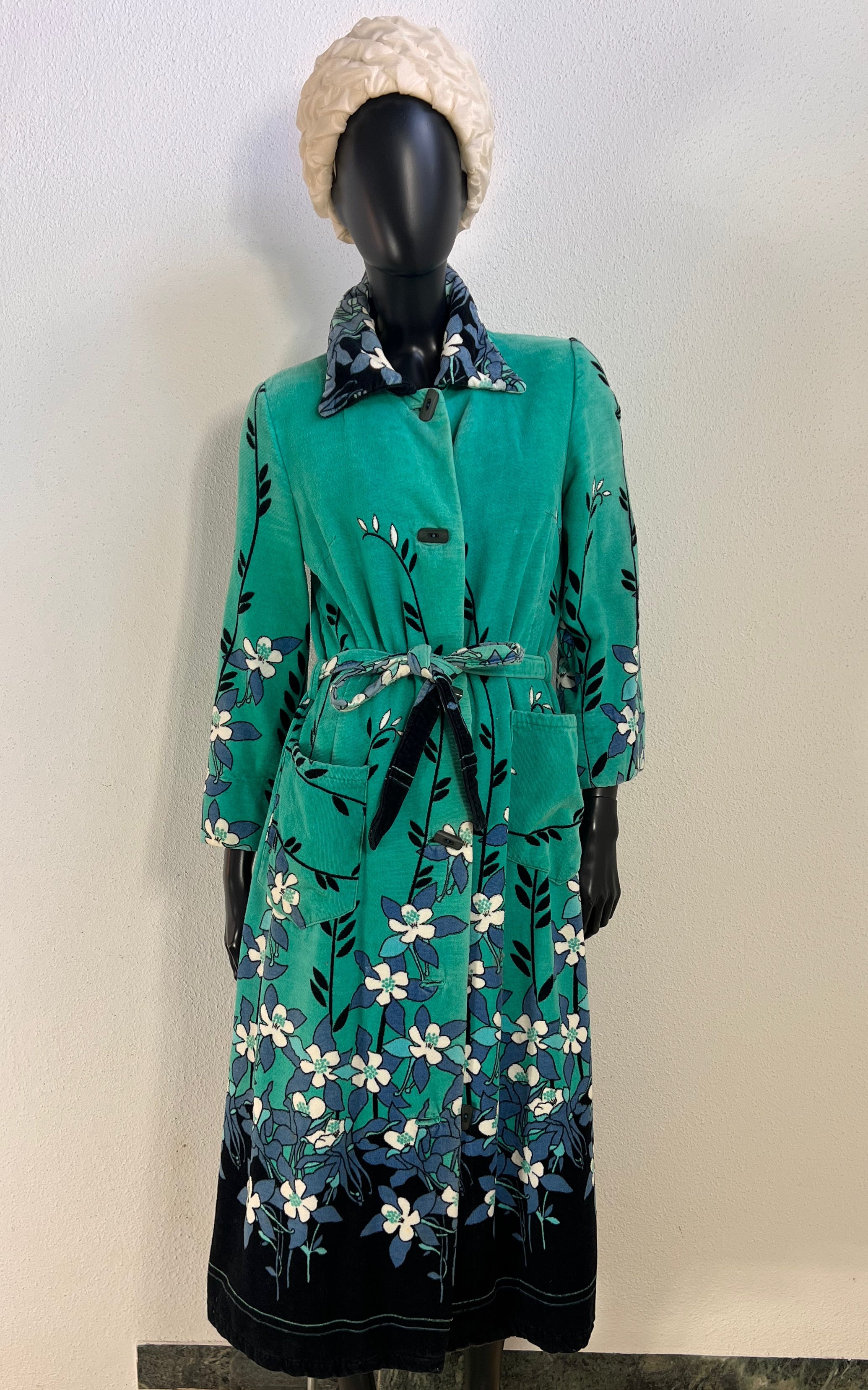 Vintage 1970s Turquoise Floral Velour Maxi Coat