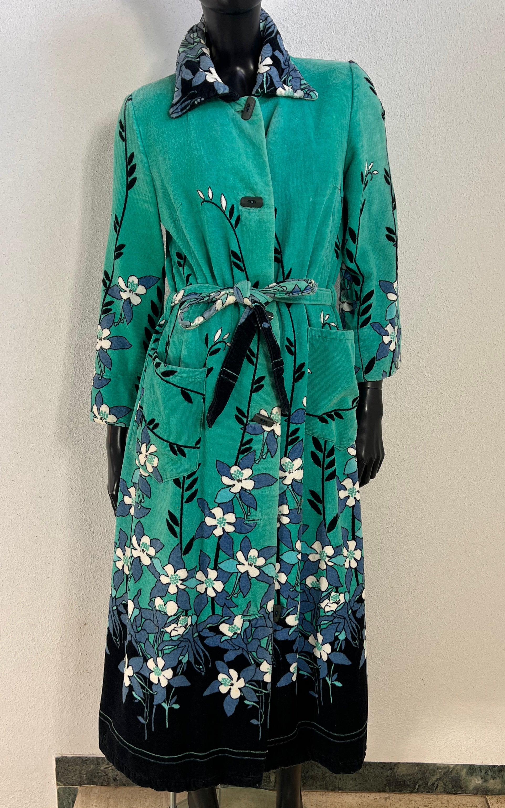 Vintage 1970s Turquoise Floral Velour Maxi Coat