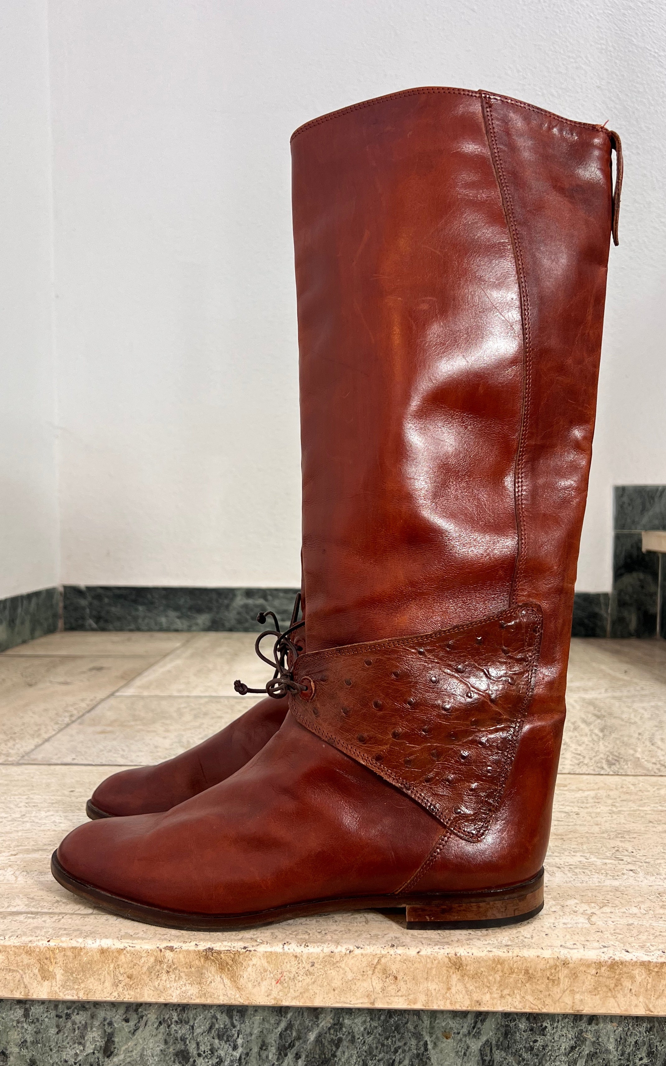 Vintage Italian Cognac Leather Riding Boots with Ostrich-Embossed Details 40