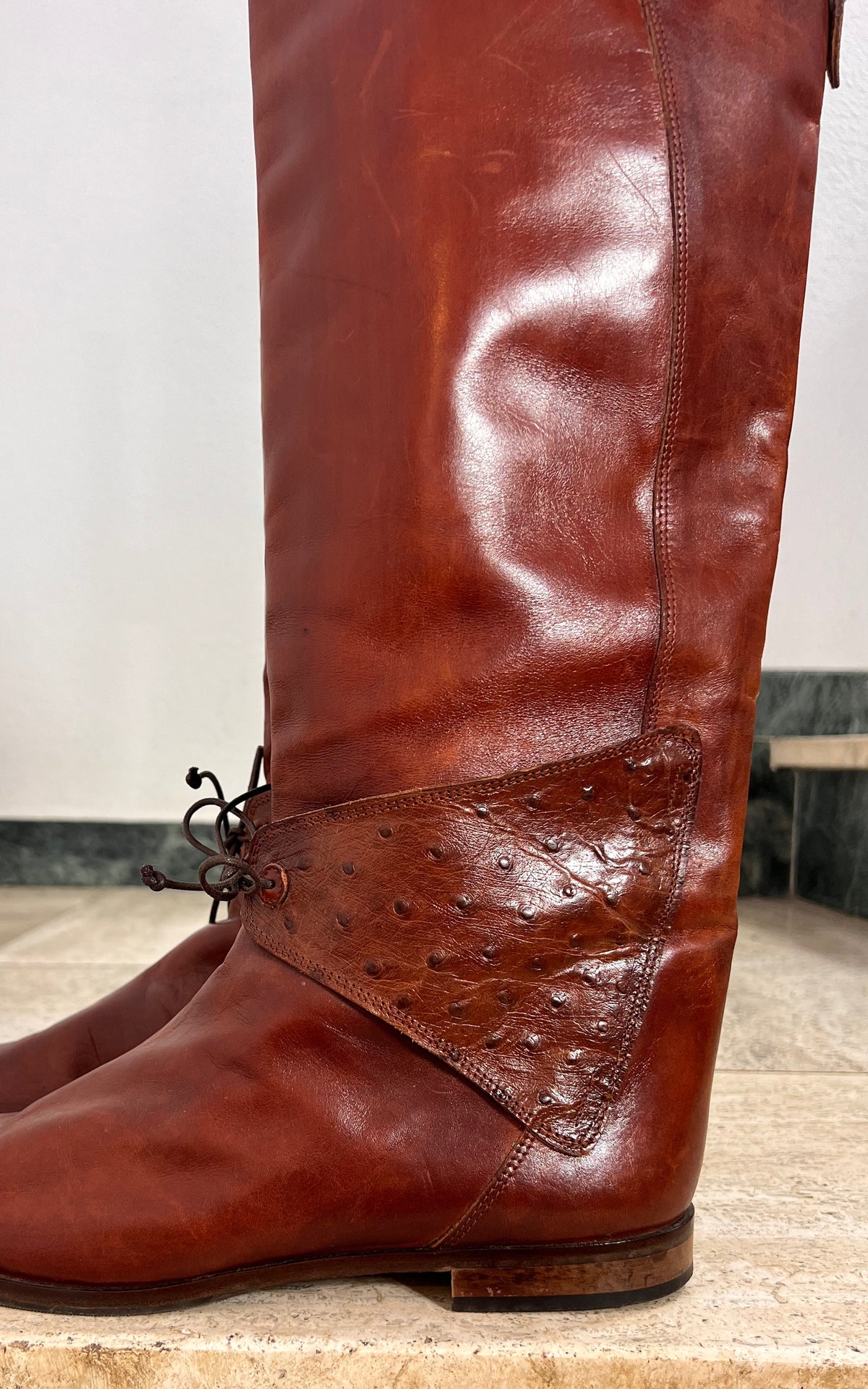 Vintage Italian Cognac Leather Riding Boots with Ostrich-Embossed Details 40