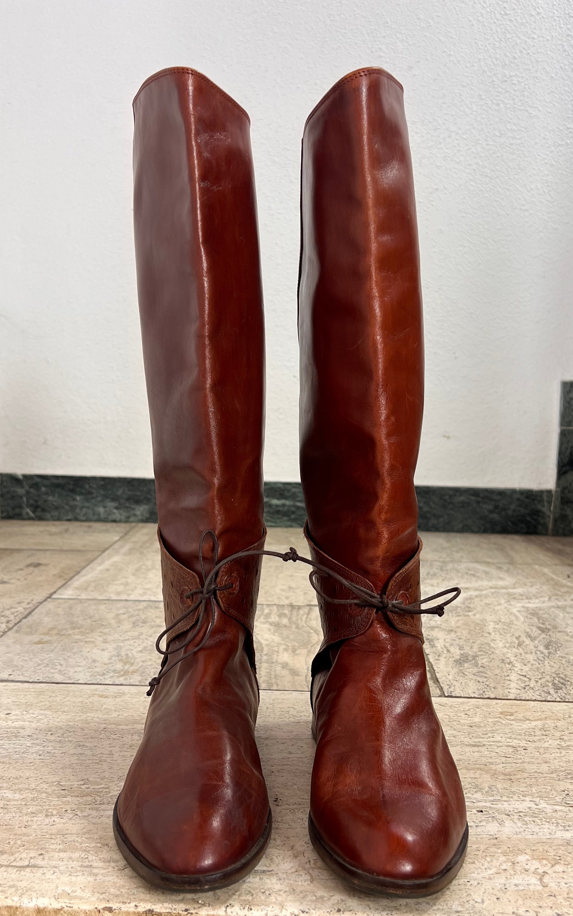Vintage Italian Cognac Leather Riding Boots with Ostrich-Embossed Details 40