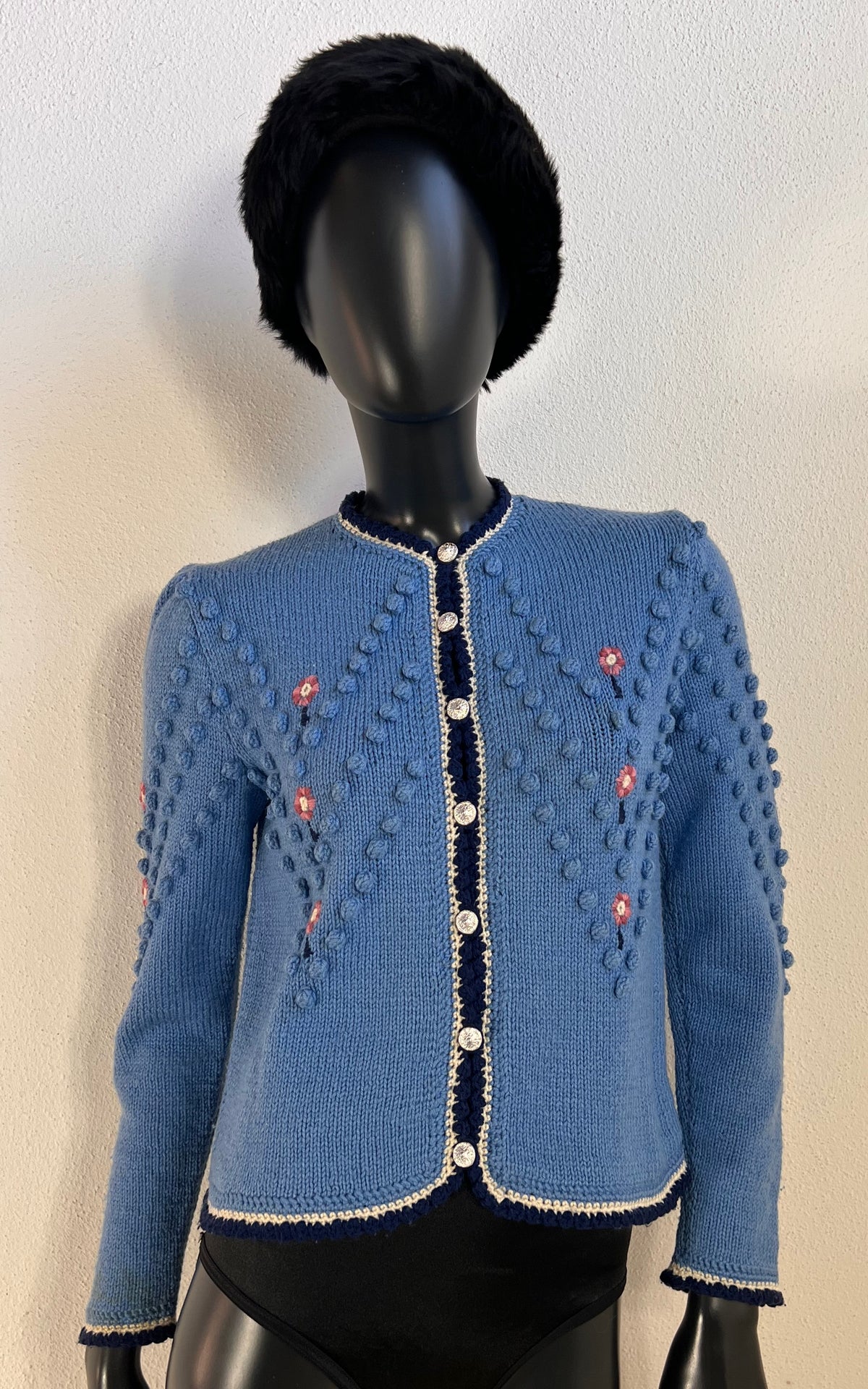 Vintage Austrian Blue Floral Bobble-Knit Cardigan