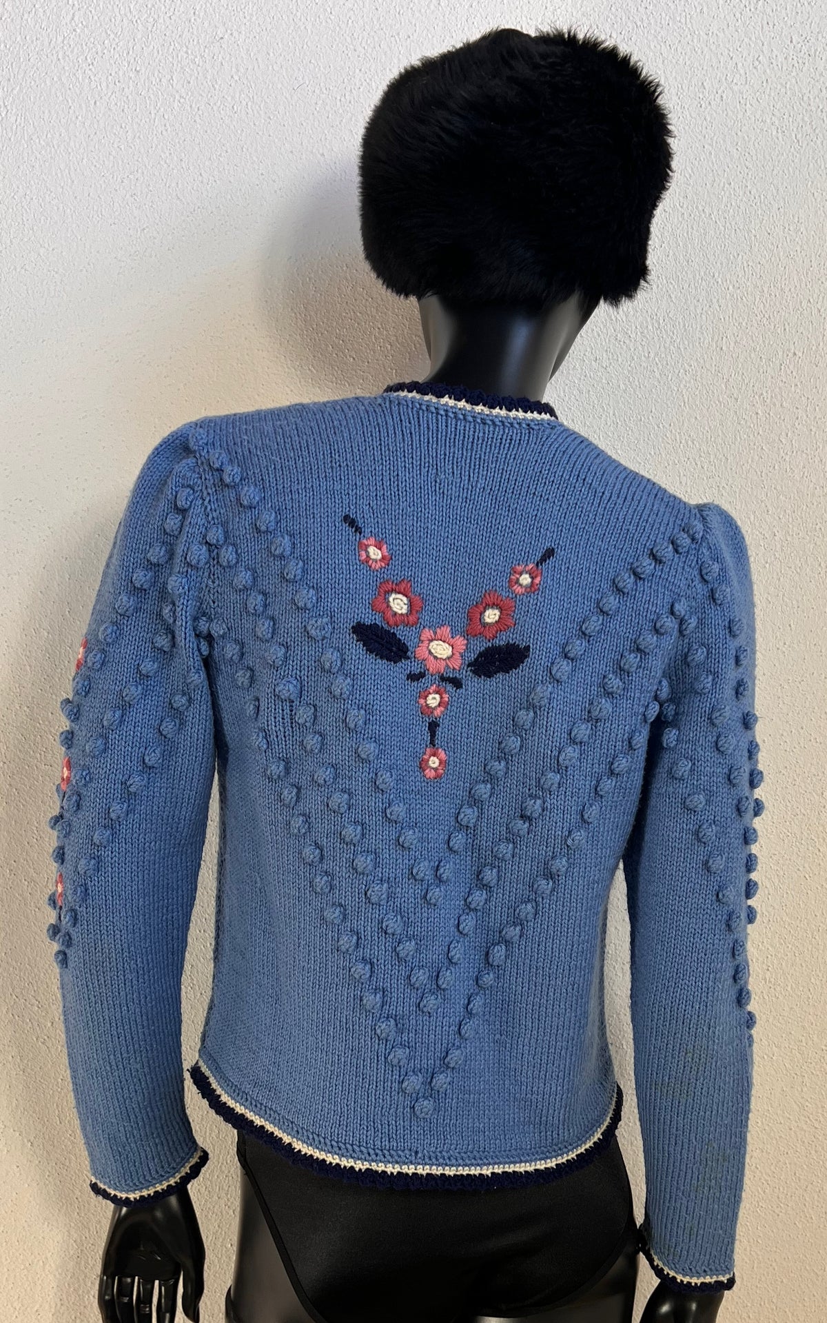 Vintage Austrian Blue Floral Bobble-Knit Cardigan