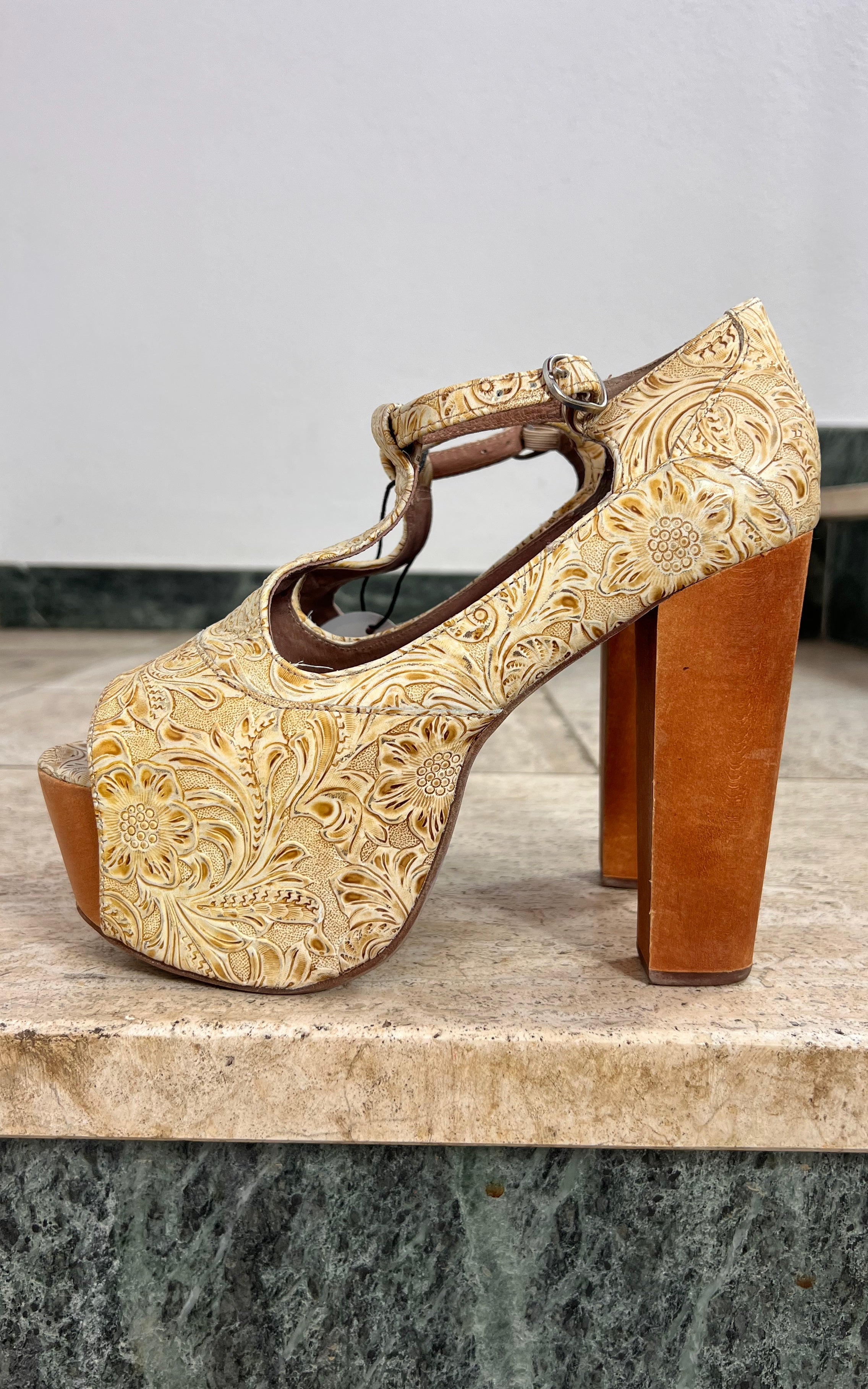 Jeffrey Campbell Embossed Platform T-Strap Heels 37