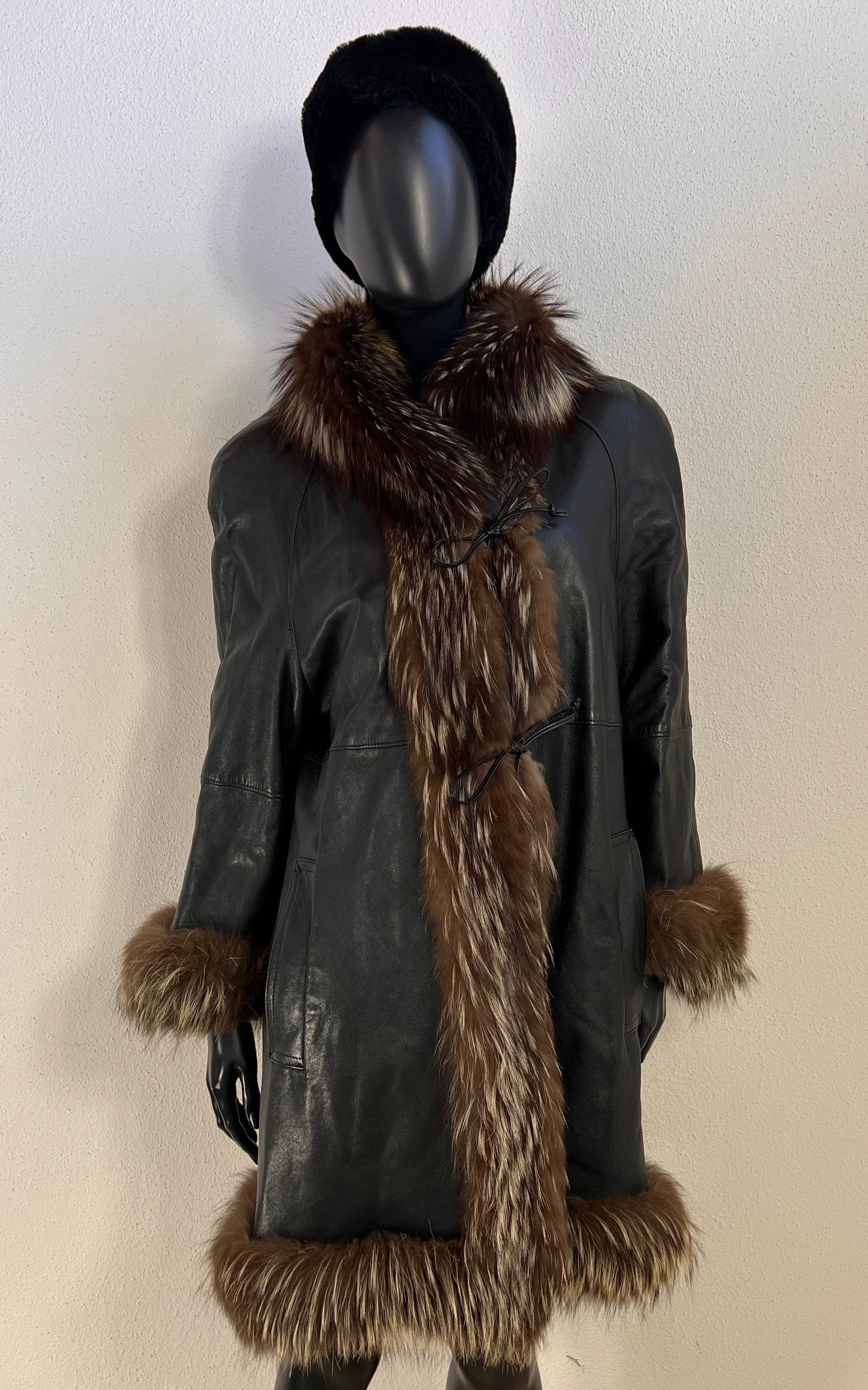 Vintage Leather Coat with Fur Trim Details