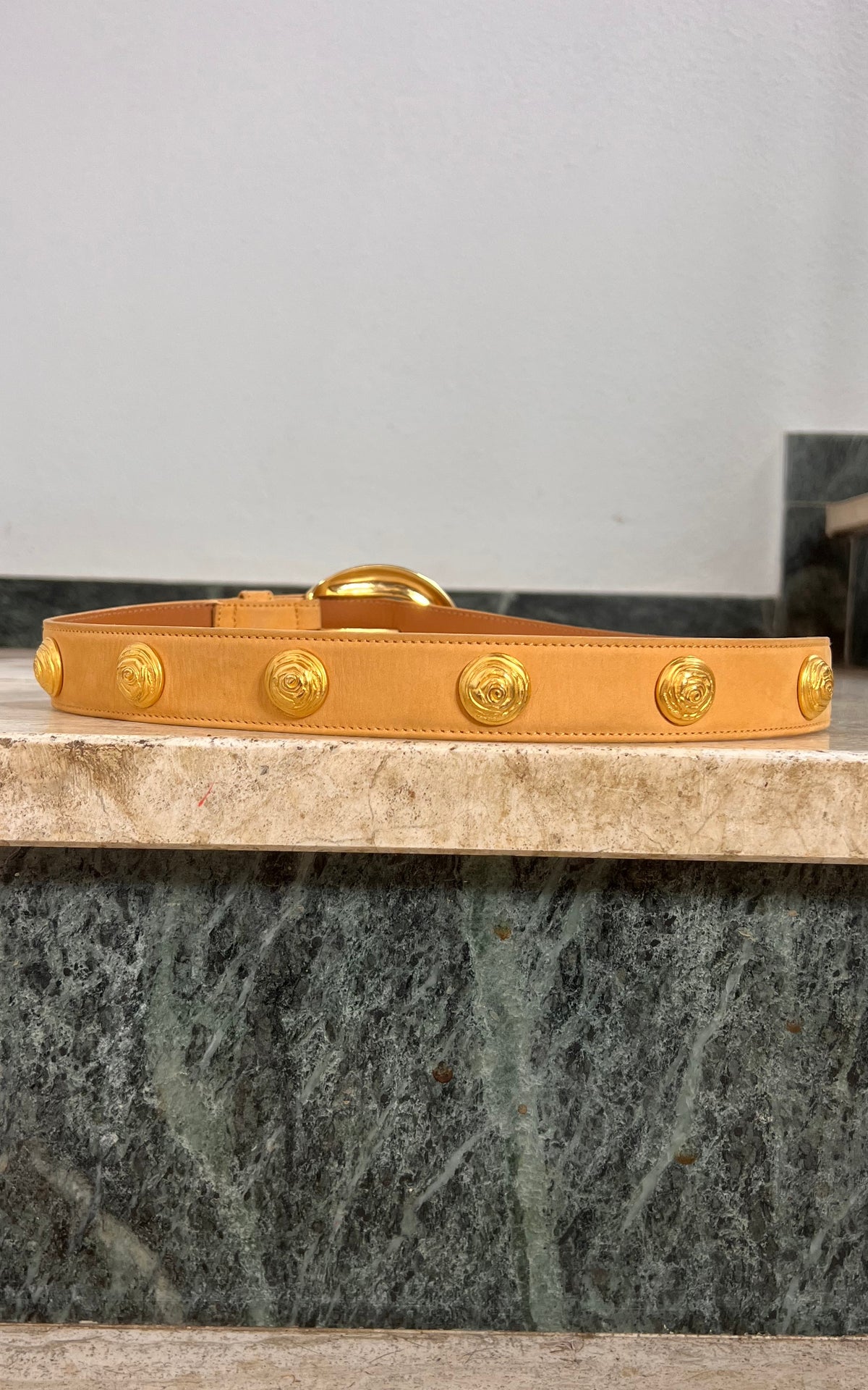 Vintage Escada Tan Belt with Gold-Tone Details