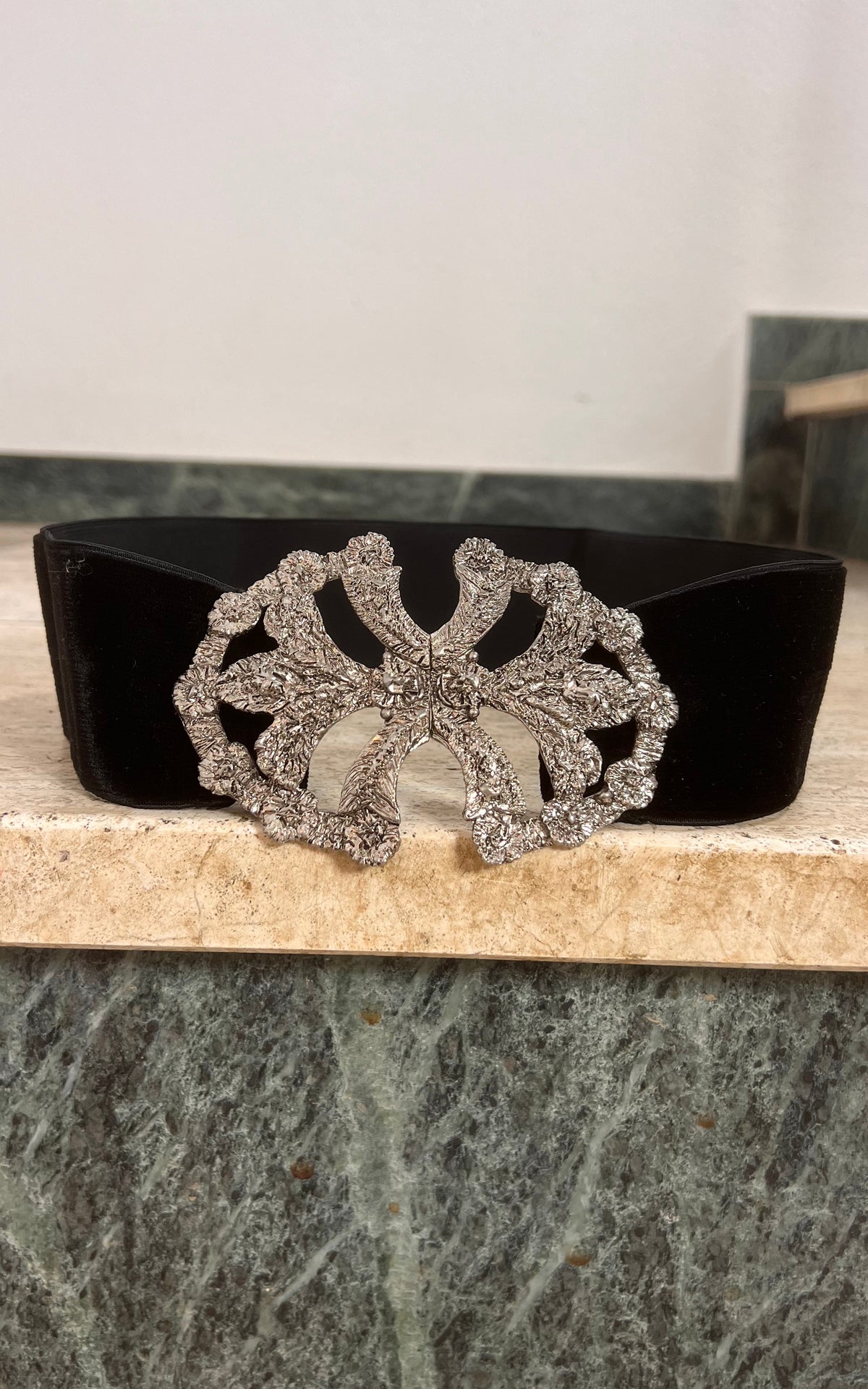 Black Velvet Stretch Belt with Ornate Silver-Tone Buckle