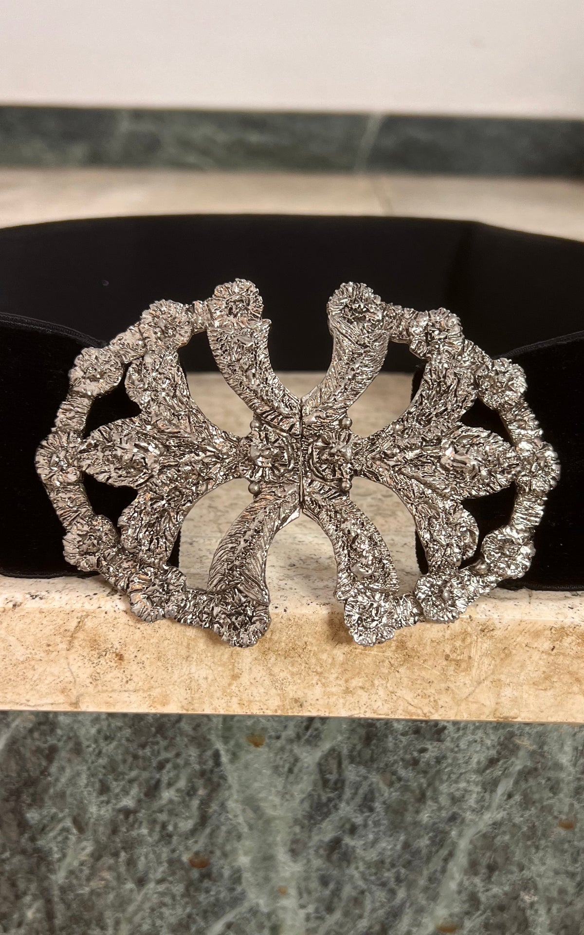 Black Velvet Stretch Belt with Ornate Silver-Tone Buckle