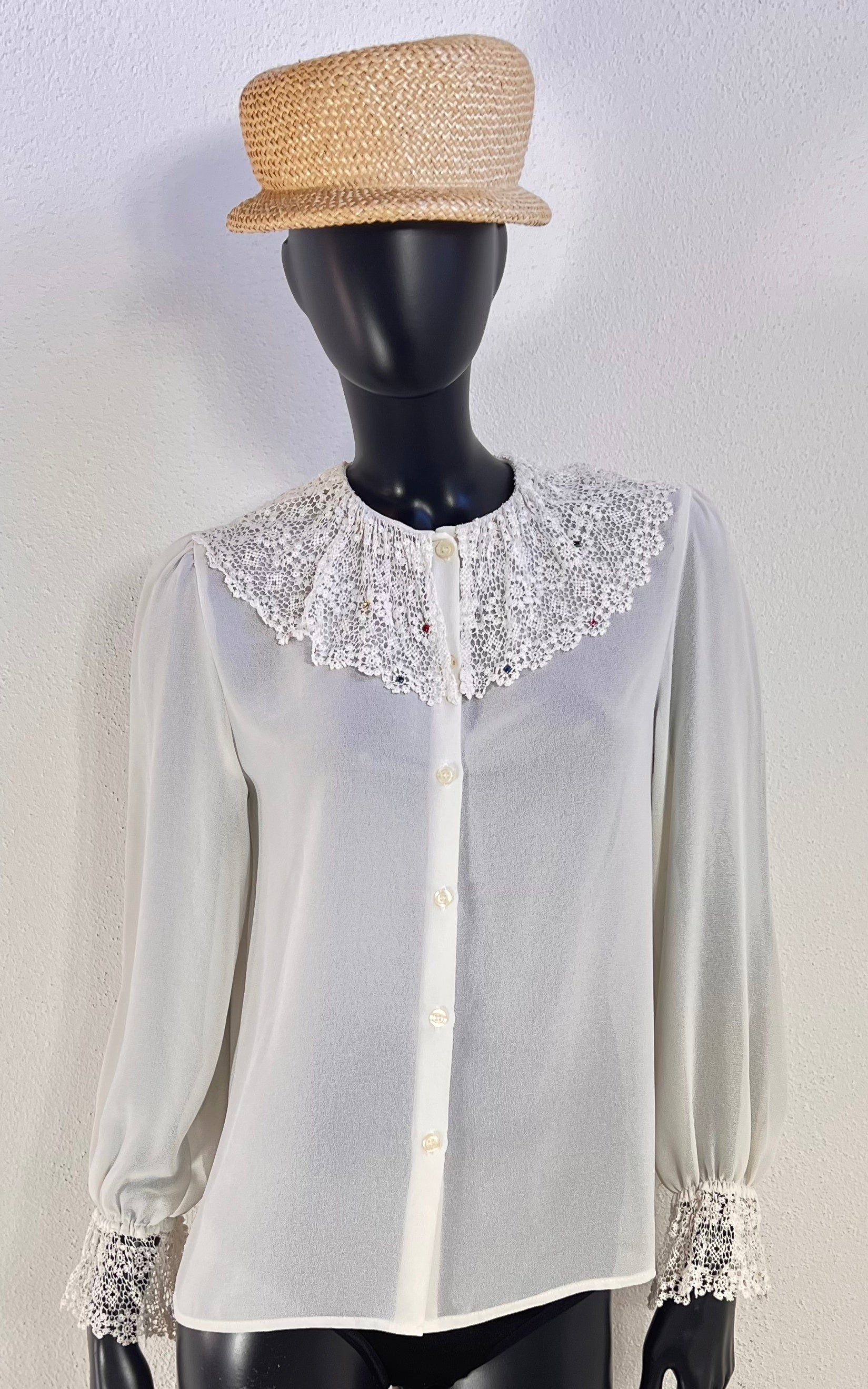 Vintage Lace Collar Blouse with Rhinestones