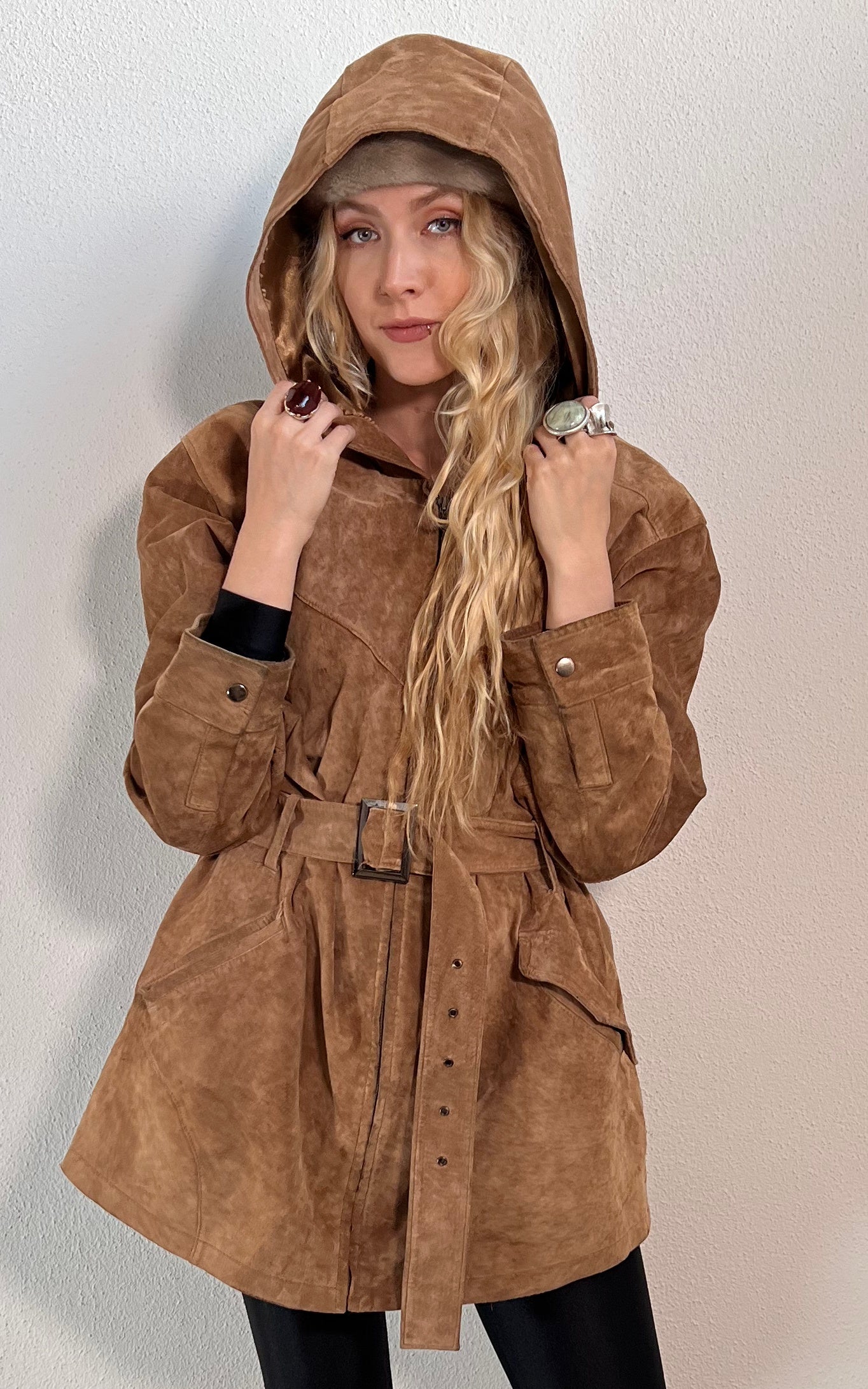 Vintage 90s Hooded Suede Leather Jacket