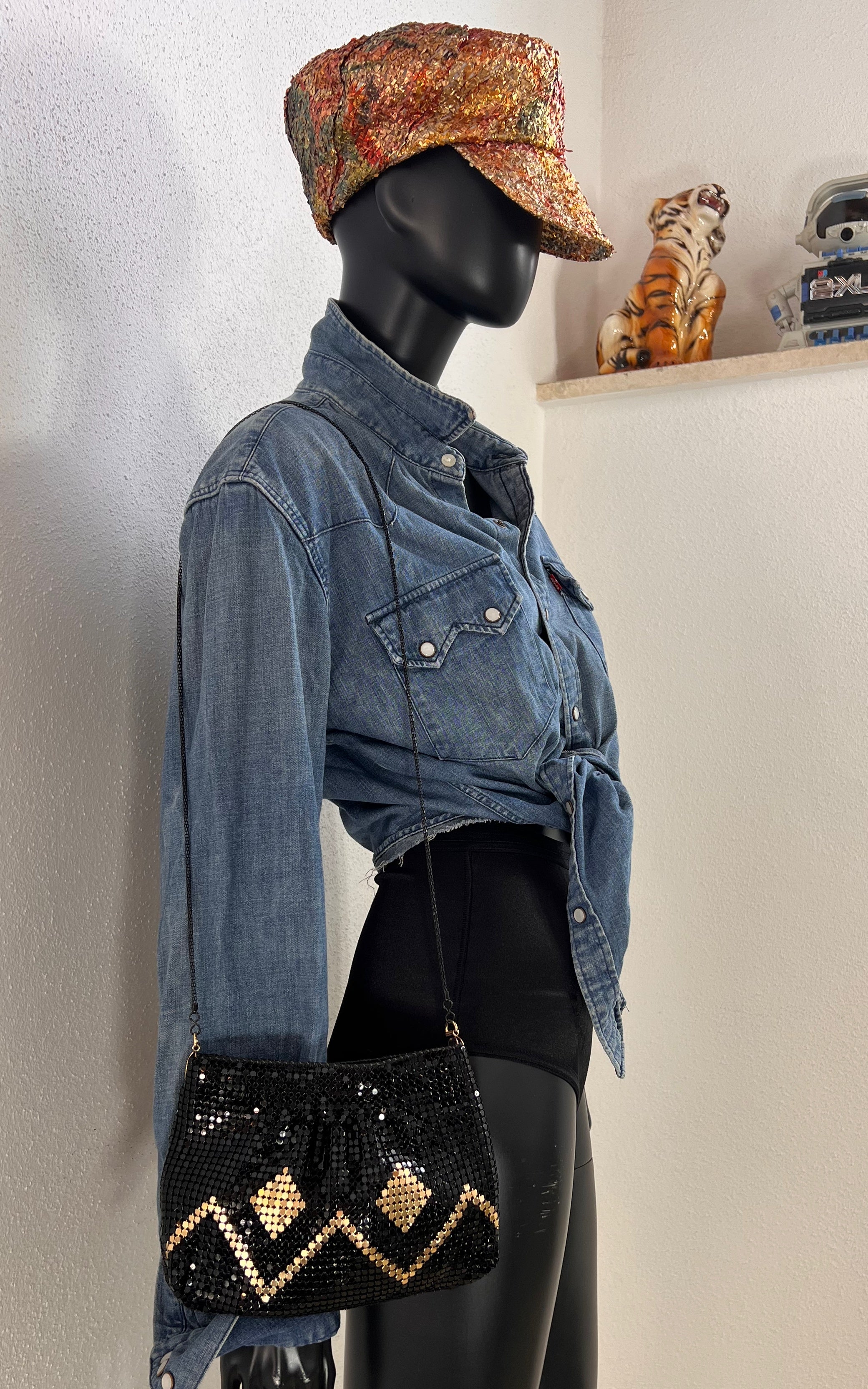 Vintage Black Metal Mesh Evening Bag with Gold Pattern