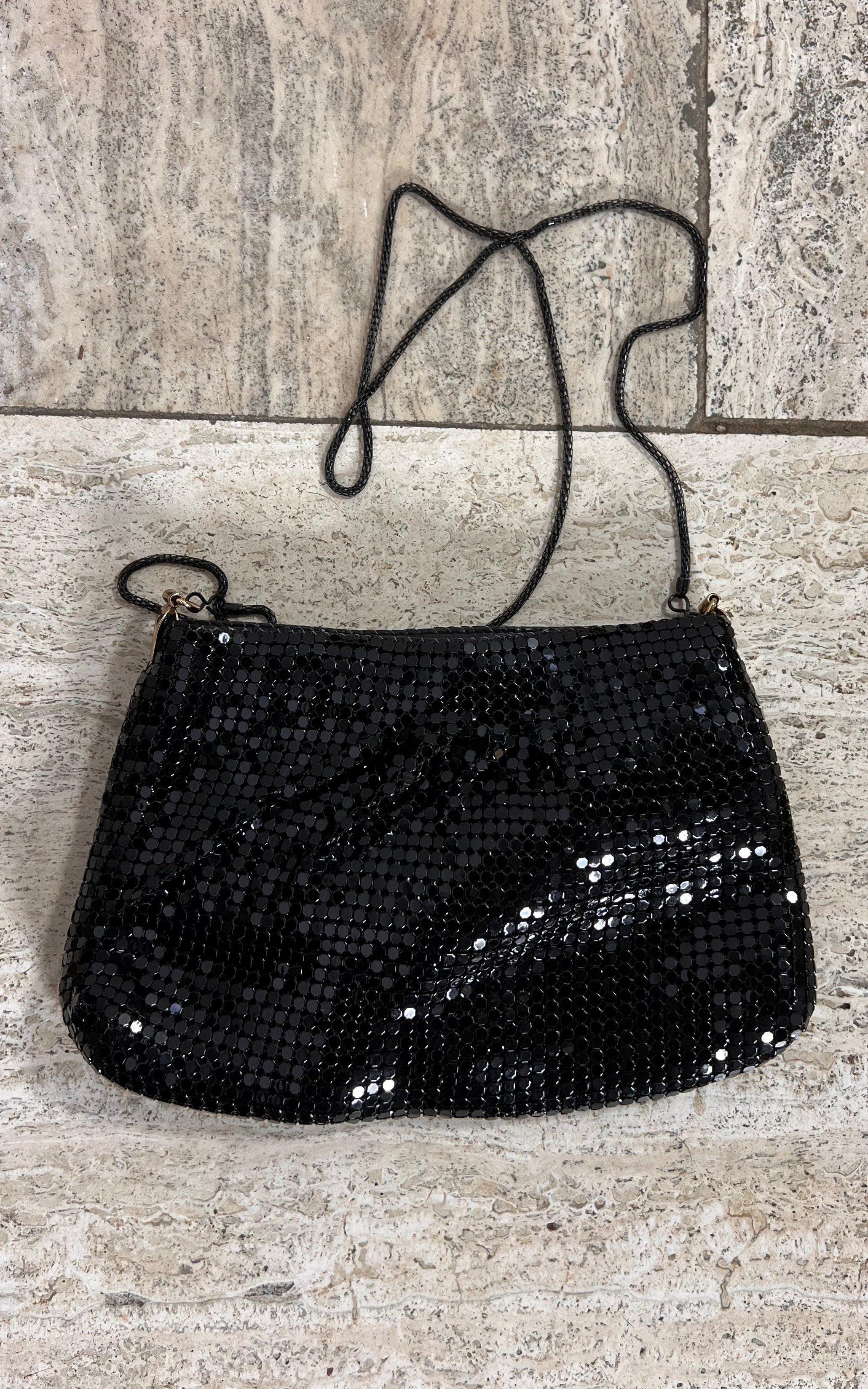 Vintage Black Metal Mesh Evening Bag with Gold Pattern