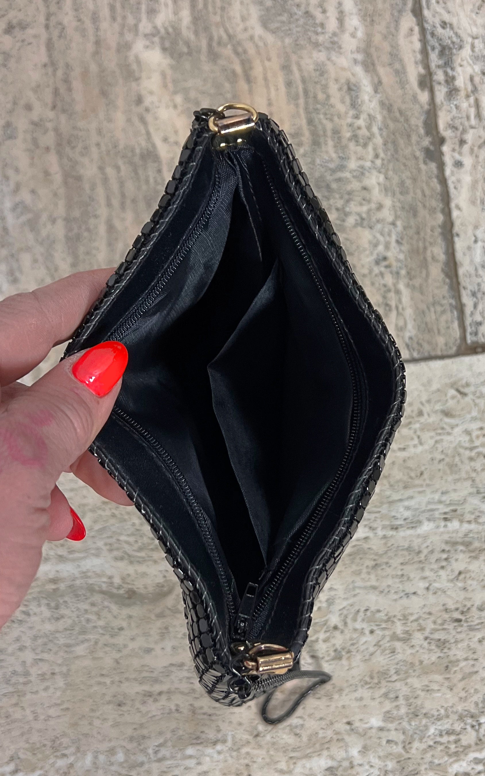 Vintage Black Metal Mesh Evening Bag with Gold Pattern