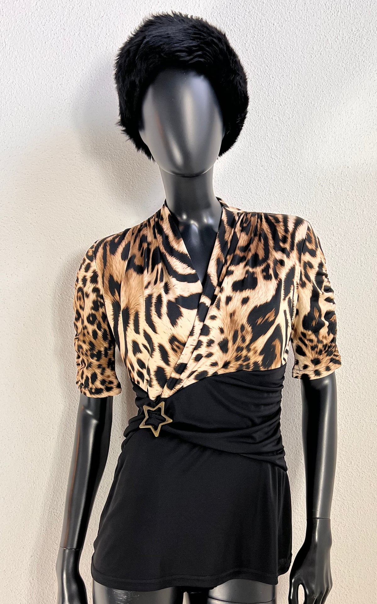 Y2K Jus d’Orange Paris Animal Print Top with Ruched Waist & Star Buckle