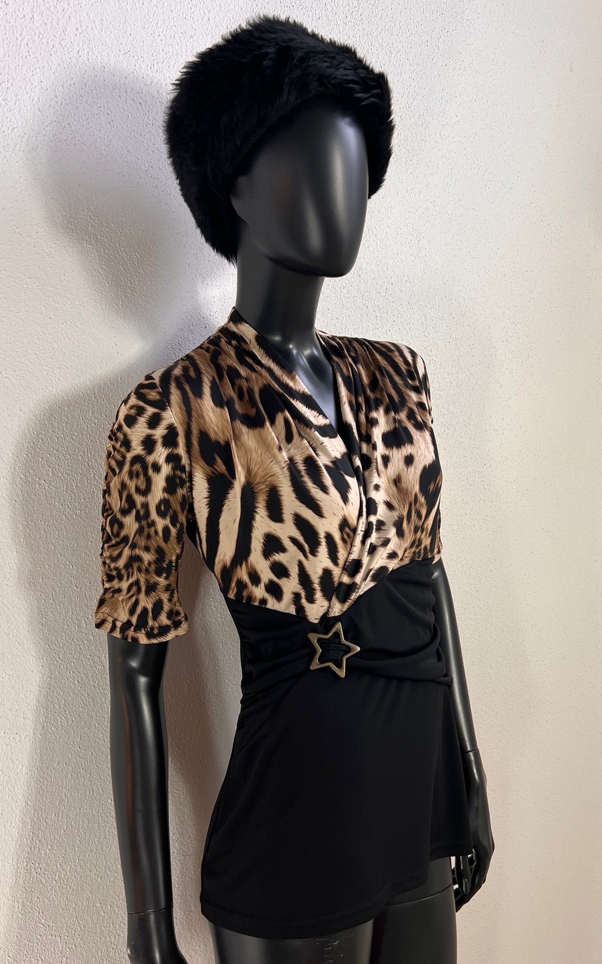 Y2K Jus d’Orange Paris Animal Print Top with Ruched Waist & Star Buckle
