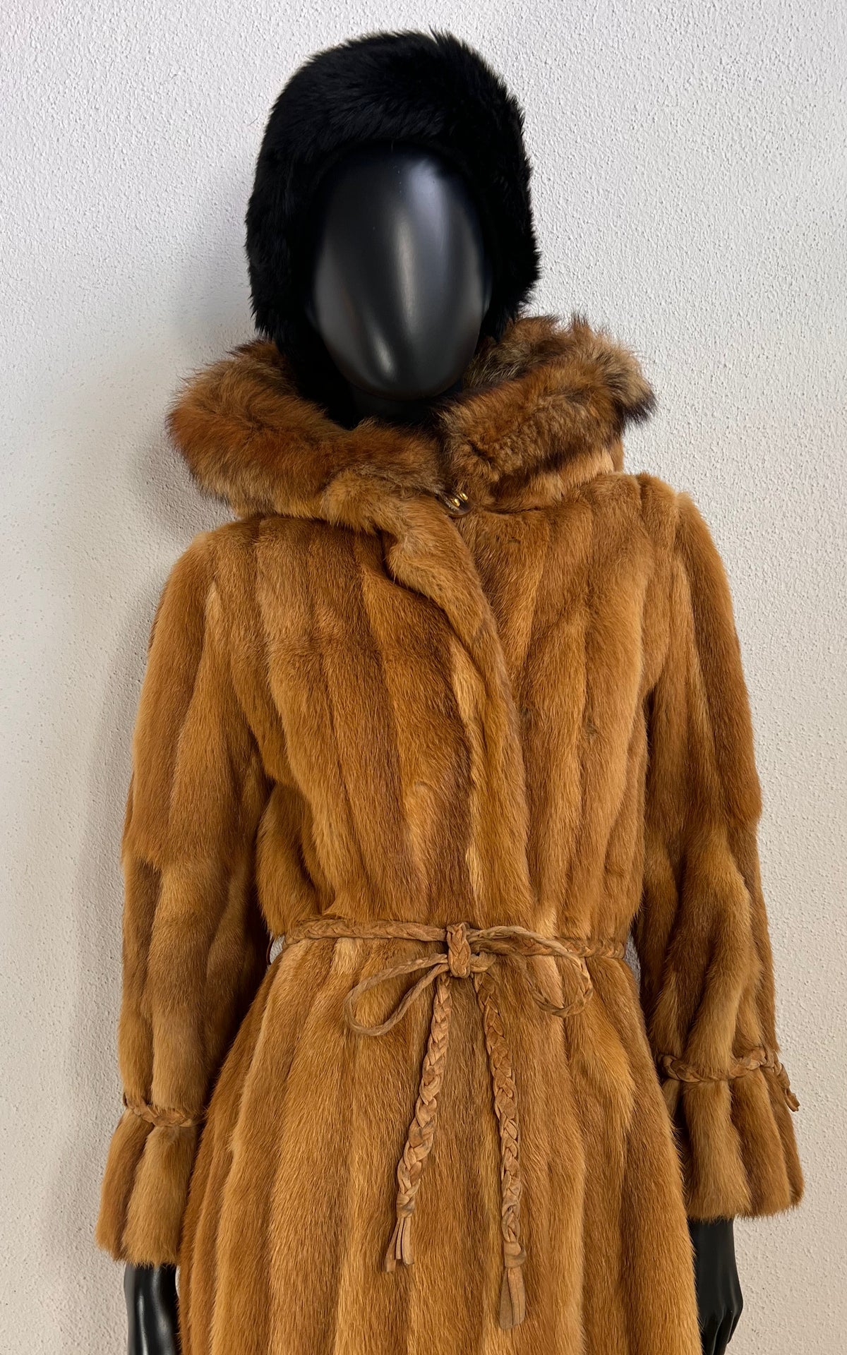 Vintage 1970s Golden Honey Fur Coat with Hood & Braided Belt