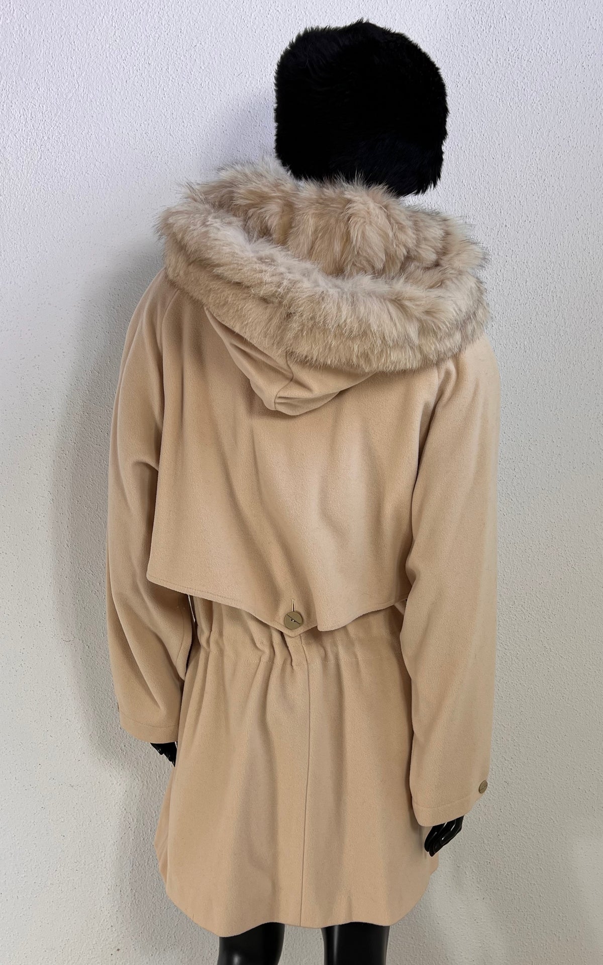 Vintage Cisstein Cream Cashmere & Wool Coat with Fur-Trimmed Hood
