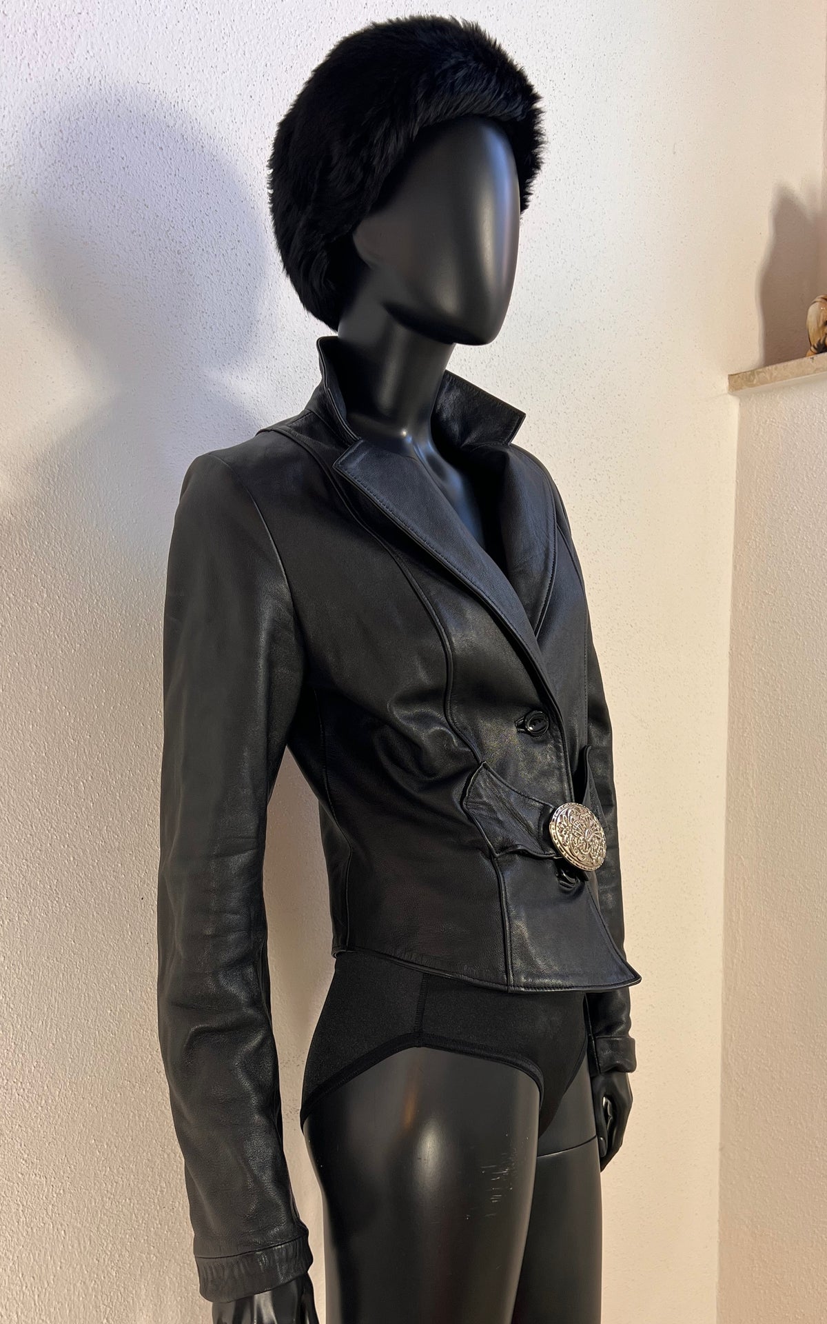 Y2K Sanpauli Black Leather Jacket with Ornate Buckle Detail