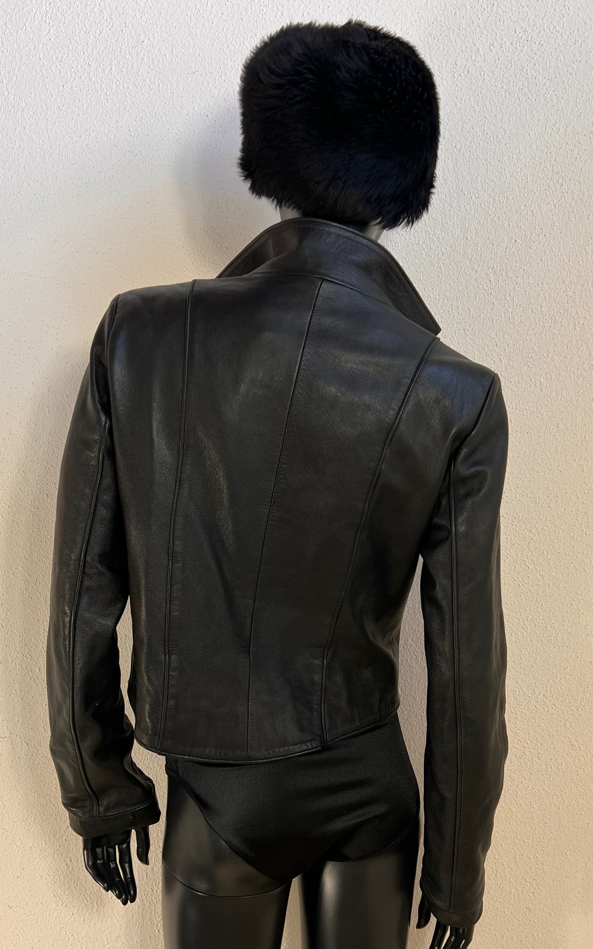 Y2K Sanpauli Black Leather Jacket with Ornate Buckle Detail
