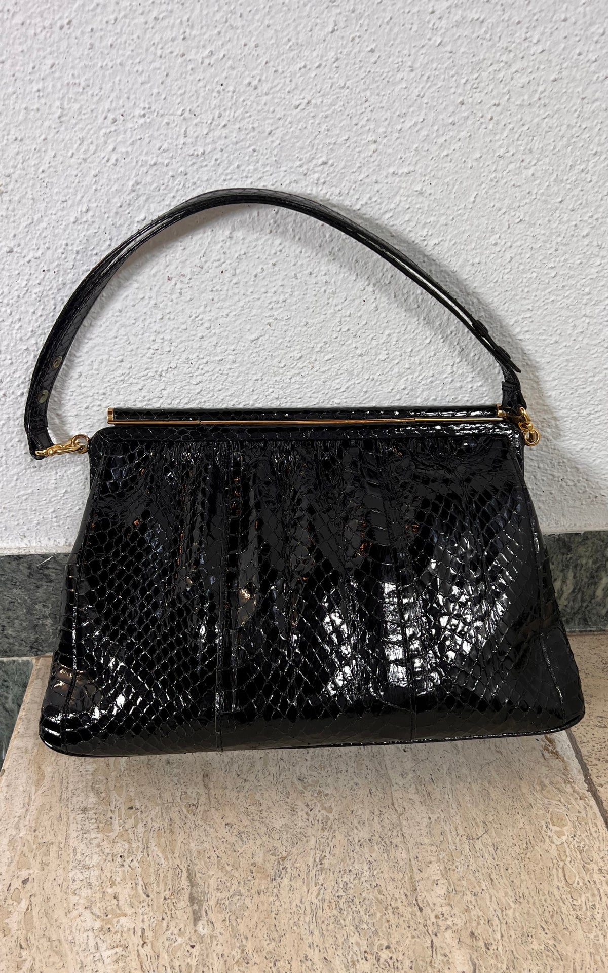 Vintage Genuine Snakeskin Handbag in Black with Gold-Tone Frame