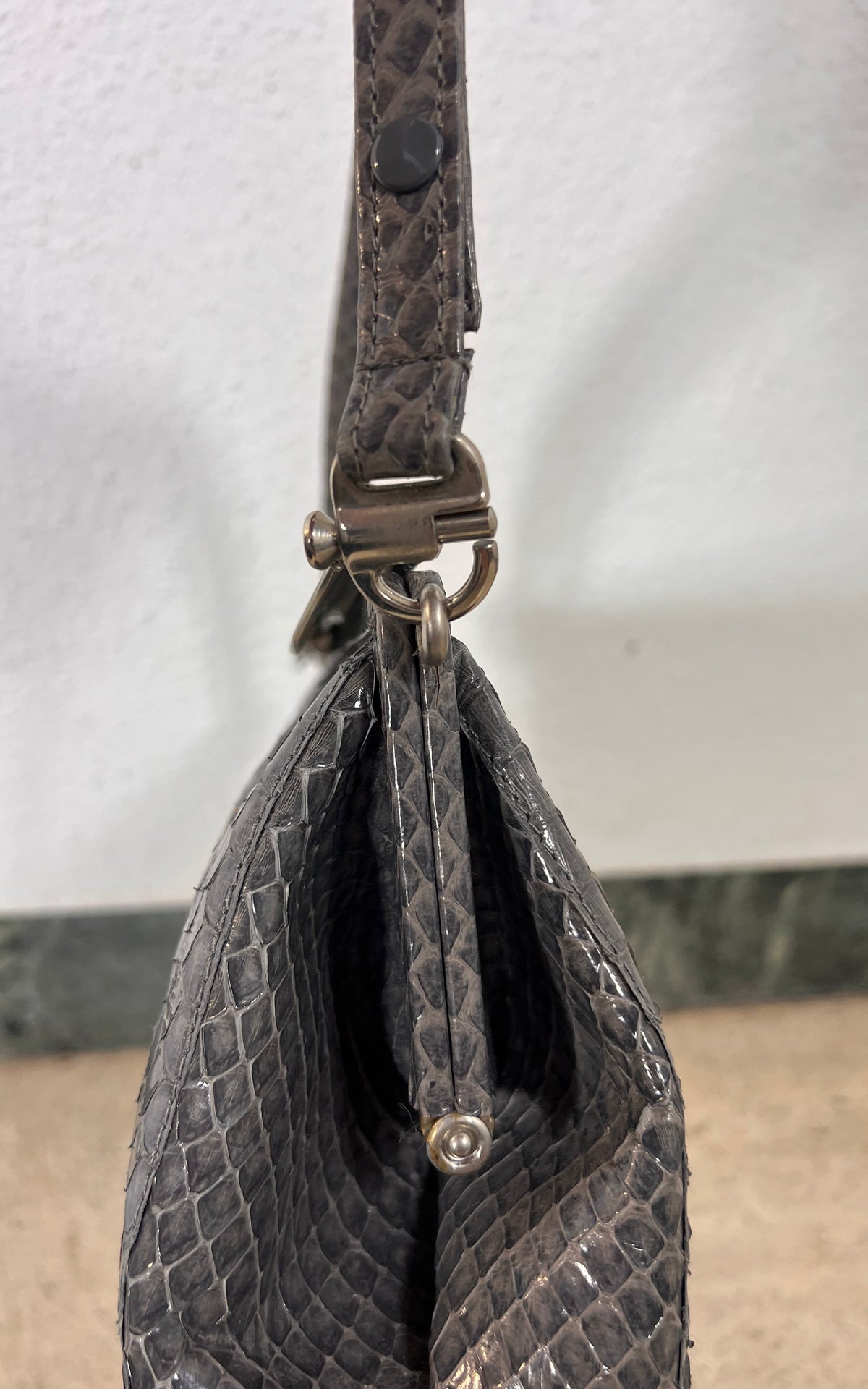 Vintage Genuine Snakeskin Handbag in Smoky Grey with Silver-Tone Frame