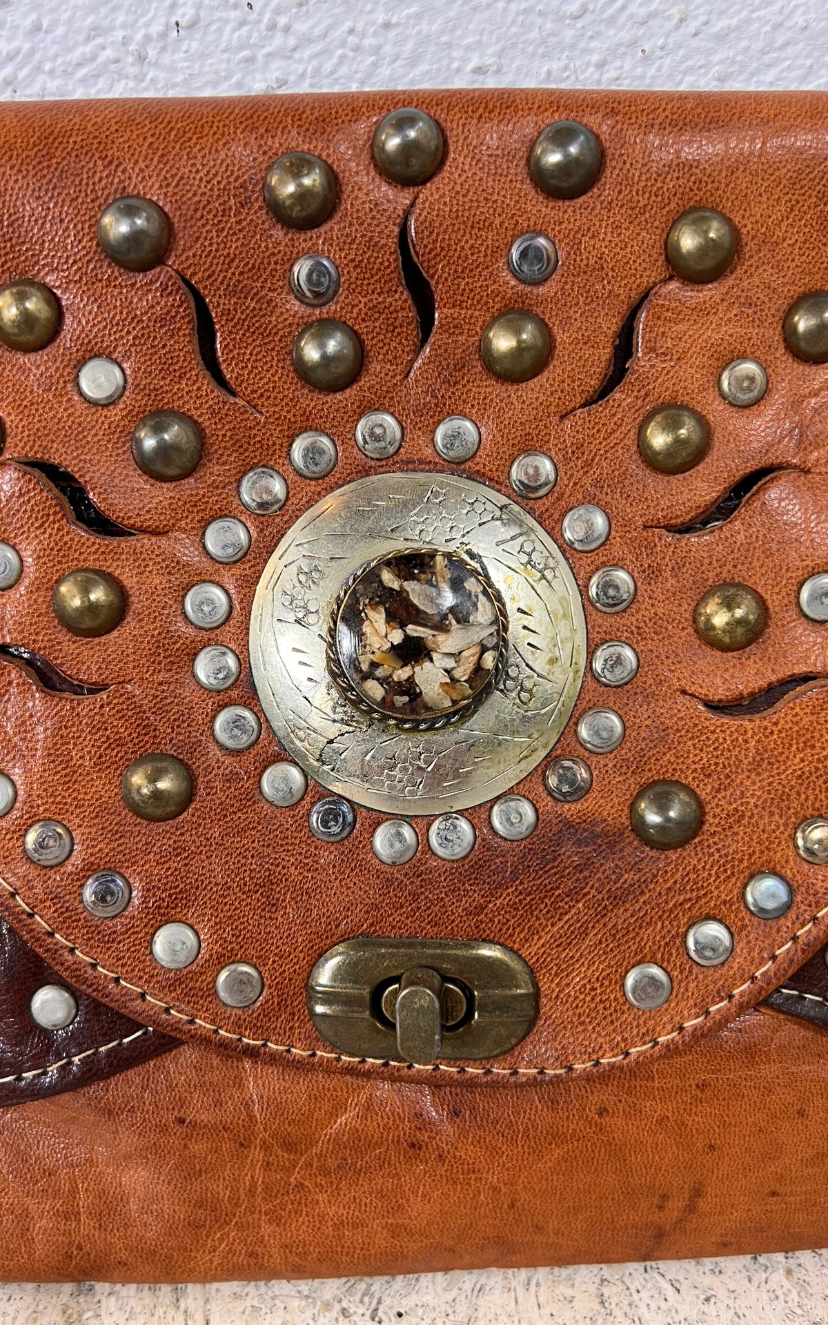 Vintage Hippie Cognac Leather Shoulder Bag with Studded Sunburst Detail