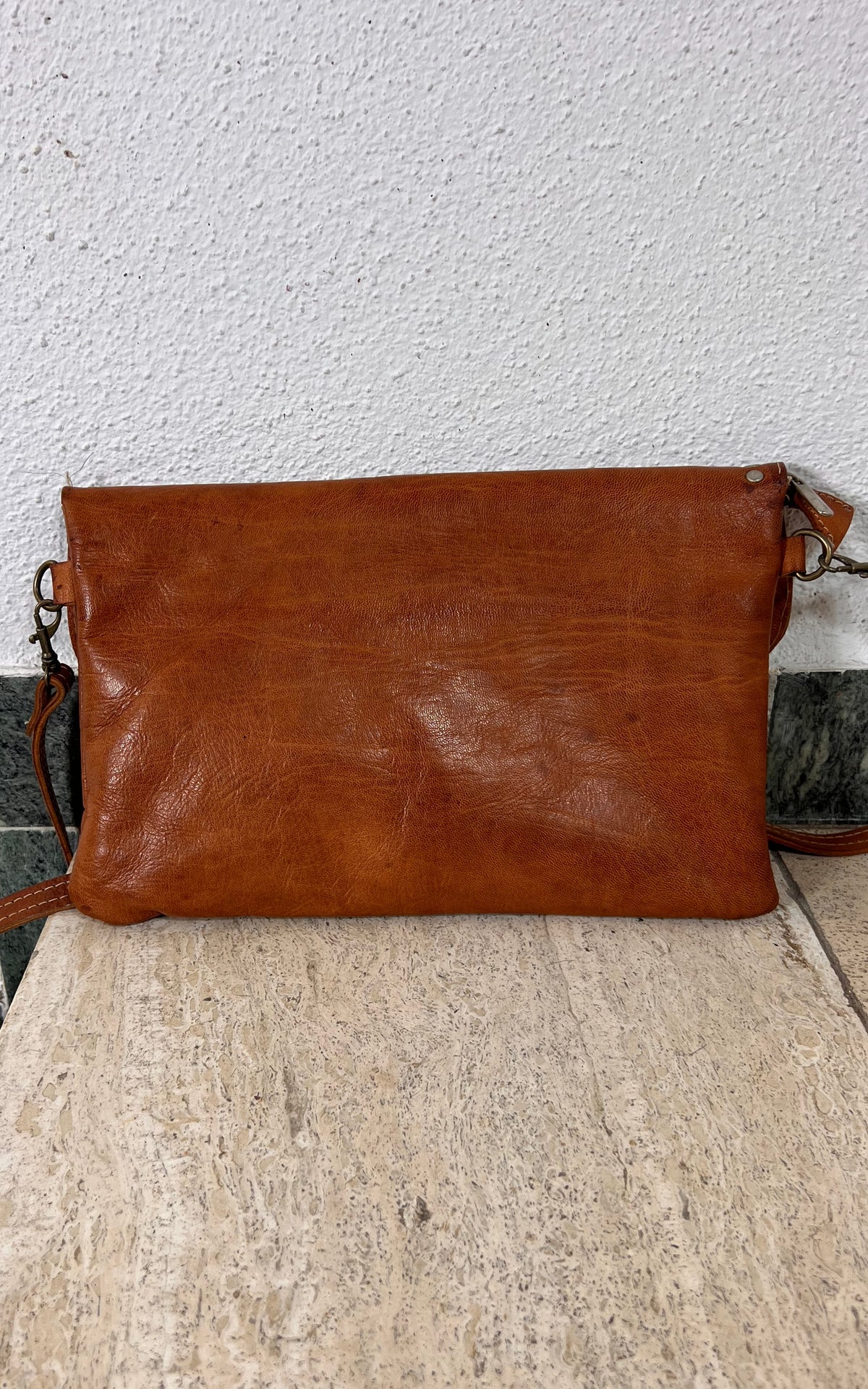 Vintage Hippie Cognac Leather Shoulder Bag with Studded Sunburst Detail