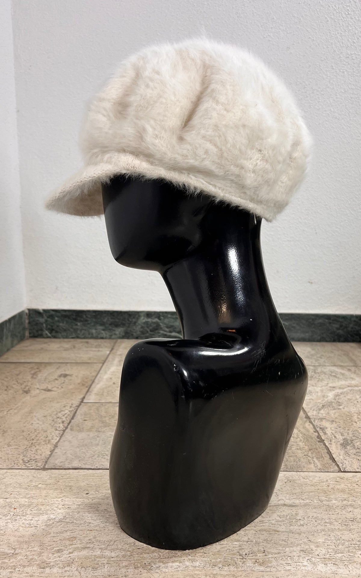 Vintage Ivory Fluffy Baker Boy Cap with Beaded Floral Detail