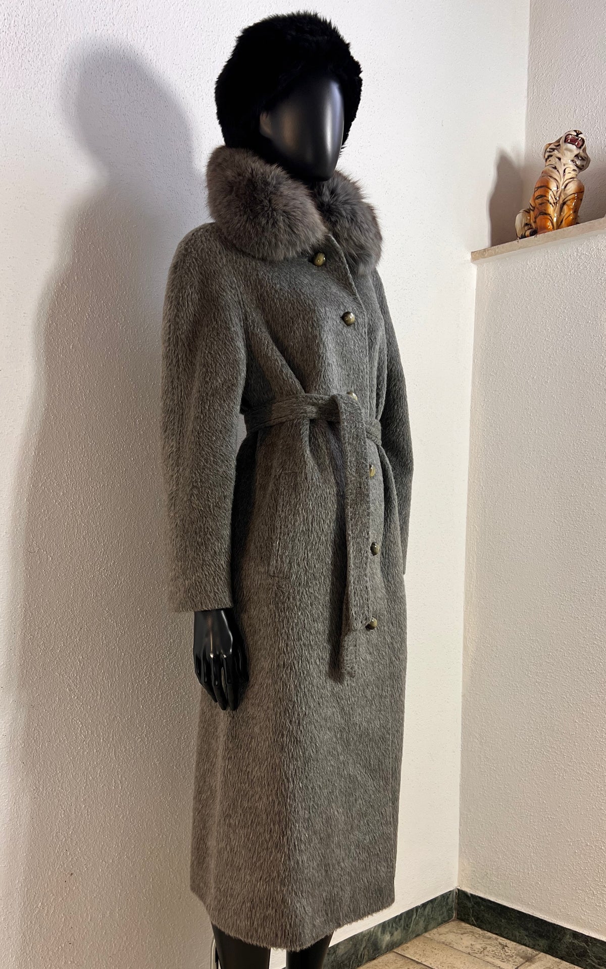 Vintage Basler Grey Alpaca Coat with Plush Collar and Matching Belt