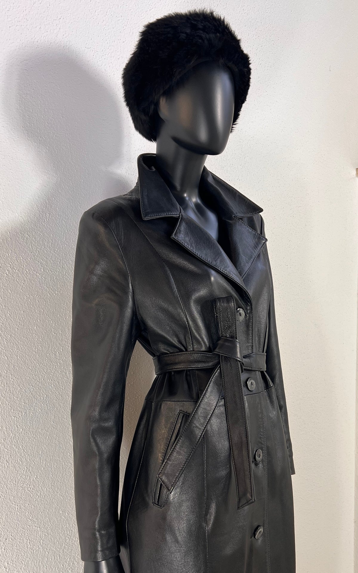 Vintage Black Nappa Leather Belted Coat – Made in Italy