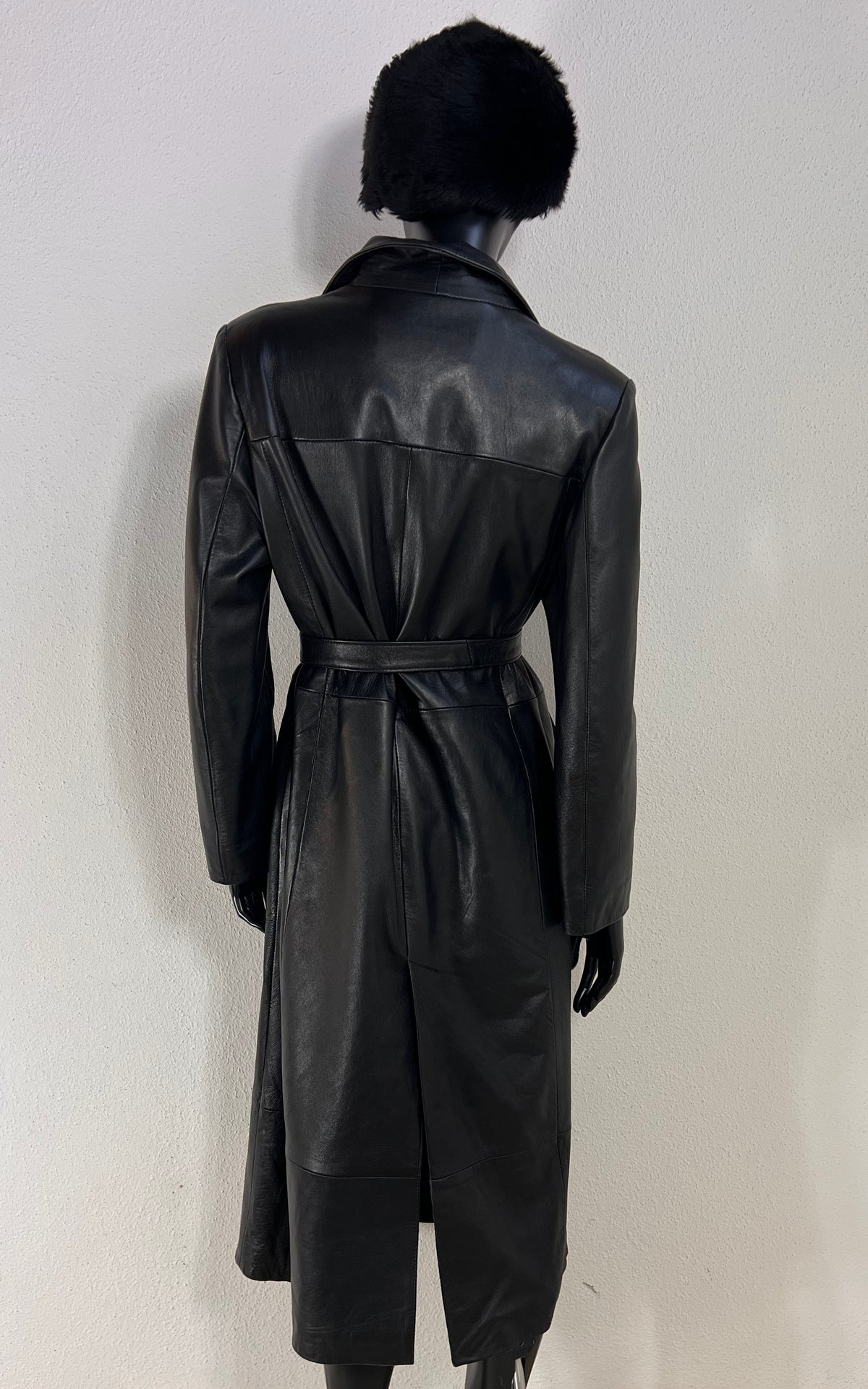 Vintage Black Nappa Leather Belted Coat – Made in Italy