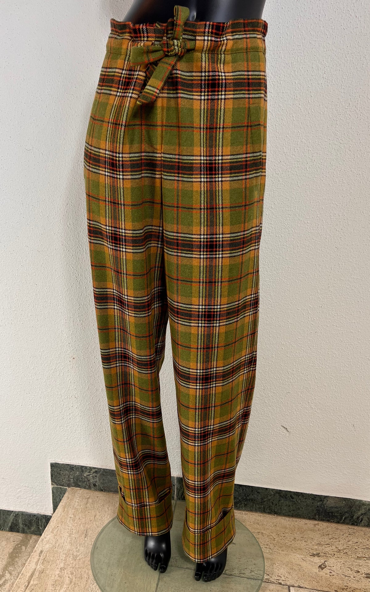 Vintage Alberta Ferretti Wool Tartan Trousers with Tie Waist