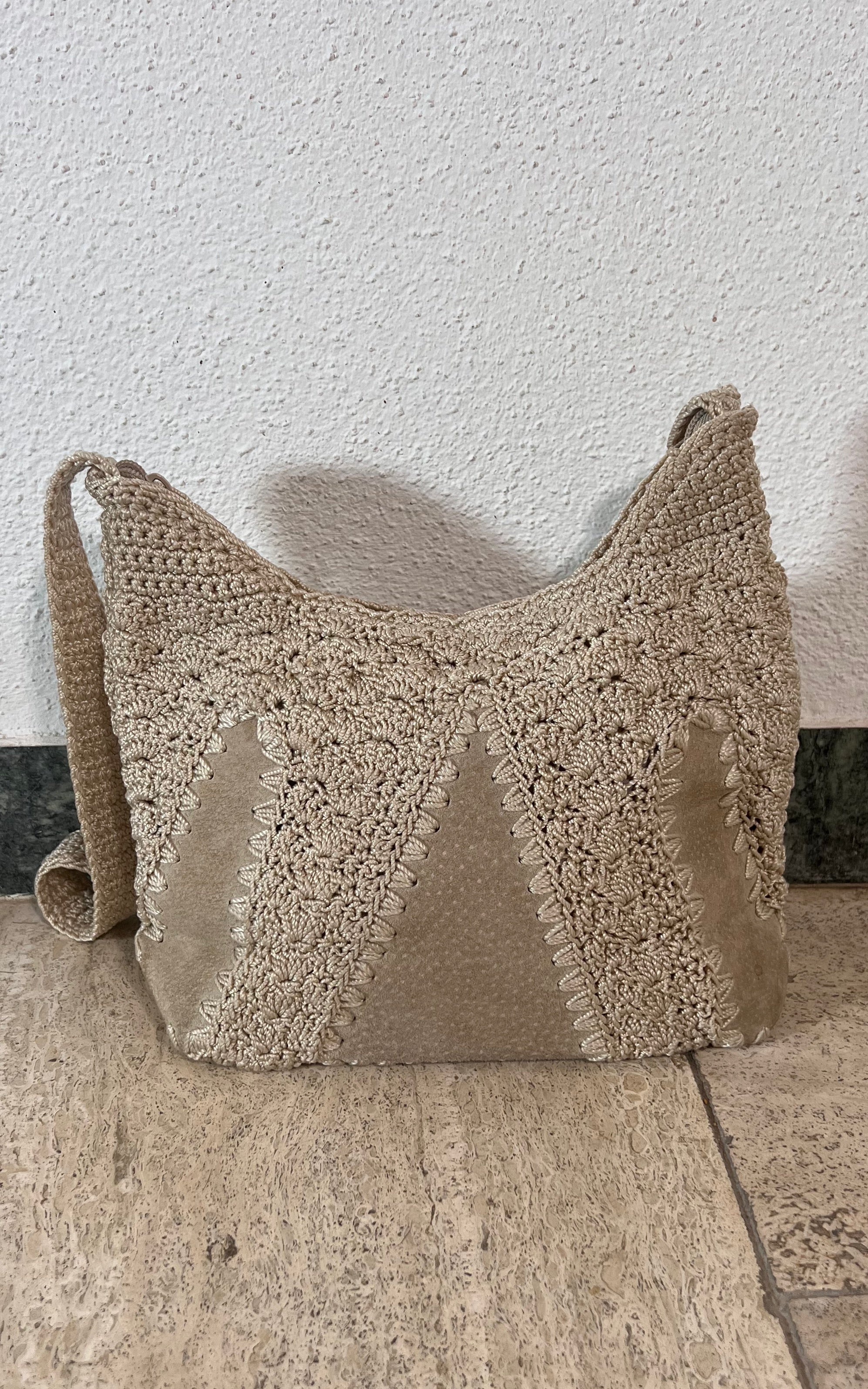 Vintage 70s Suede and Crochet Bag