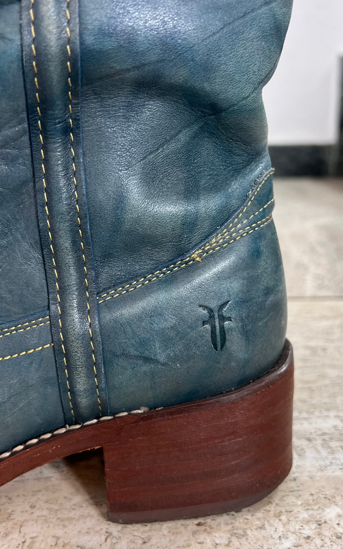 Frye Denim Blue Leather Western Boots with Contrast Stitching