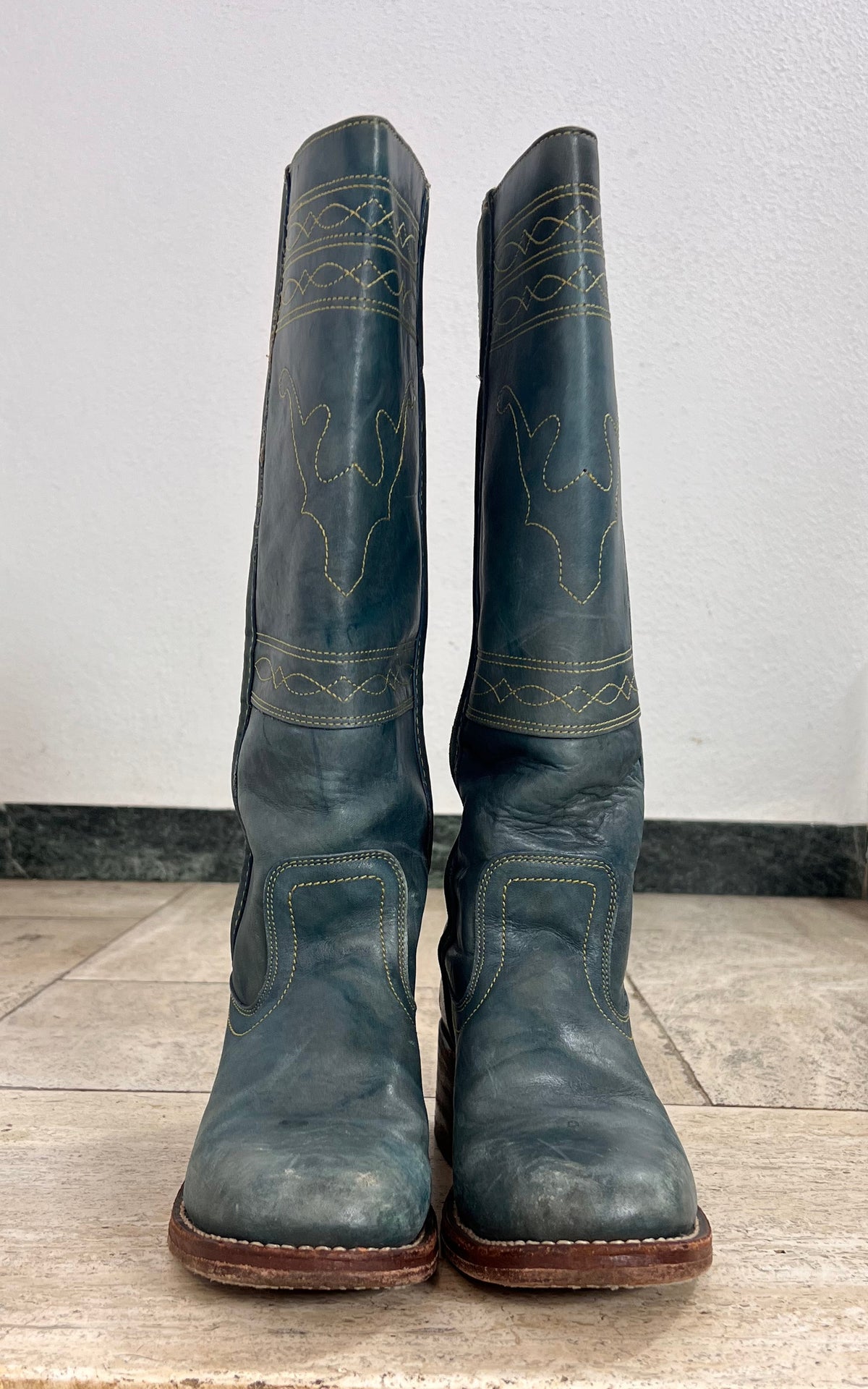 Frye Denim Blue Leather Western Boots with Contrast Stitching